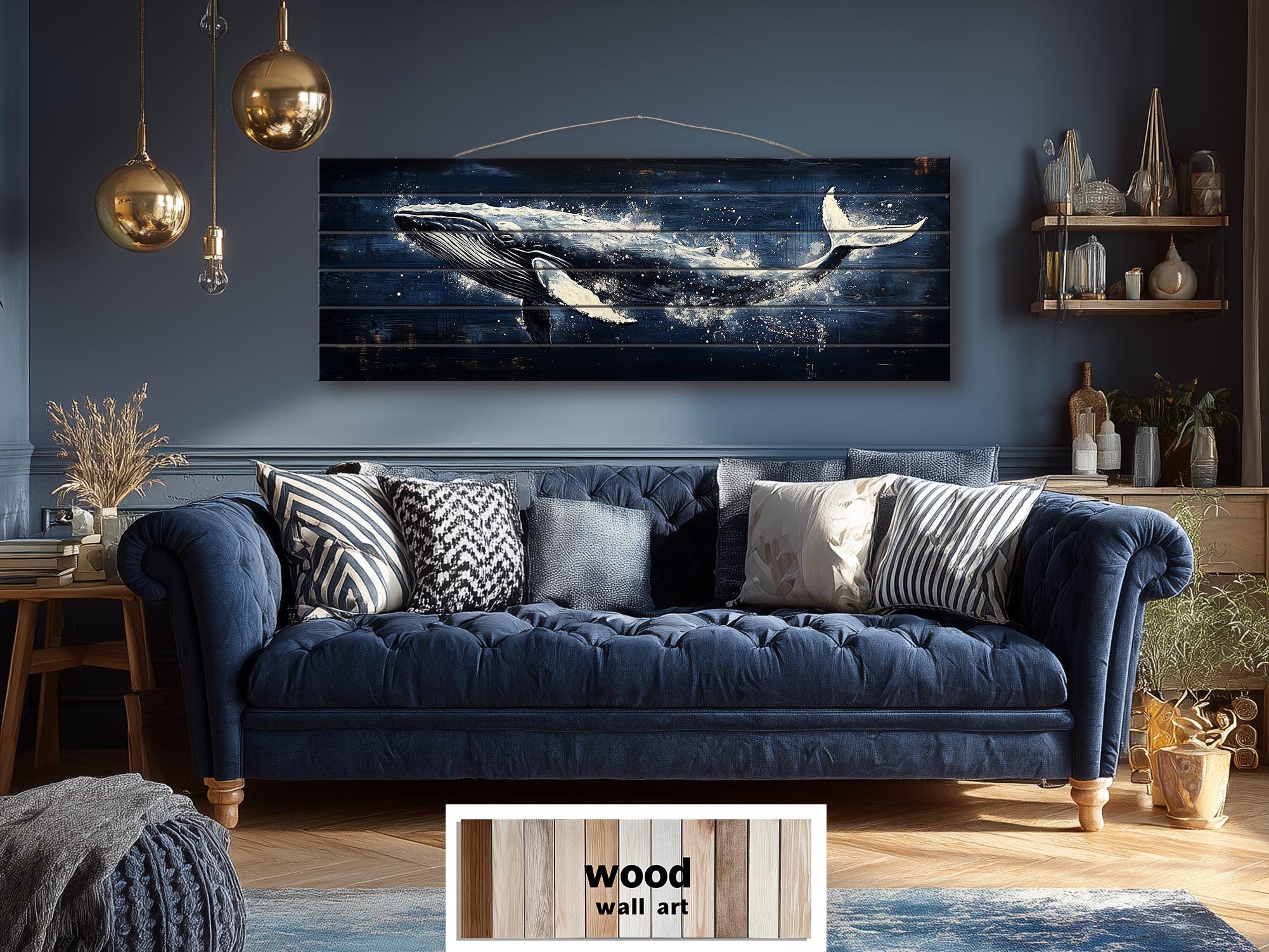 Humpback Whale Nautical Long Narrow Distressed Wood Wall Art