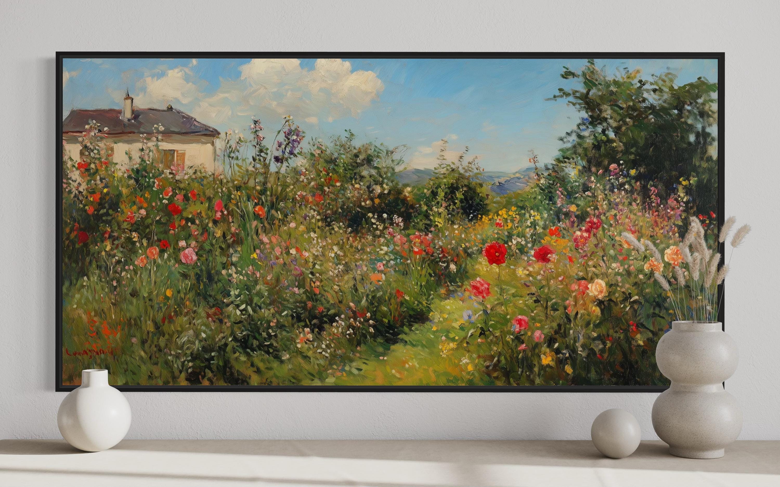 Impressionist Floral Garden Wall Art - Wildflower Meadow Canvas Print for Vintage Living Room or Country House Decor