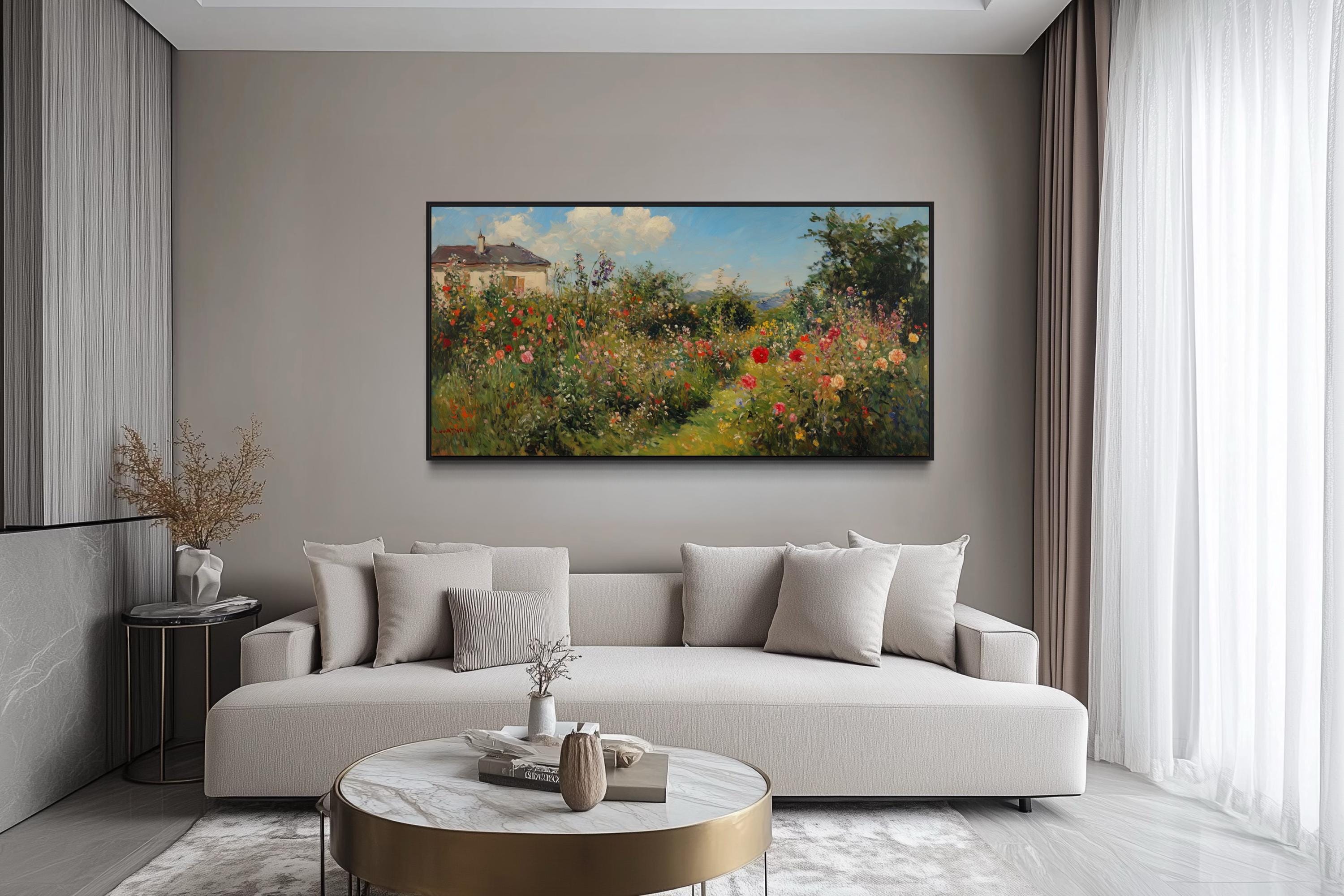 Impressionist Floral Garden Wall Art - Wildflower Meadow Canvas Print for Vintage Living Room or Country House Decor