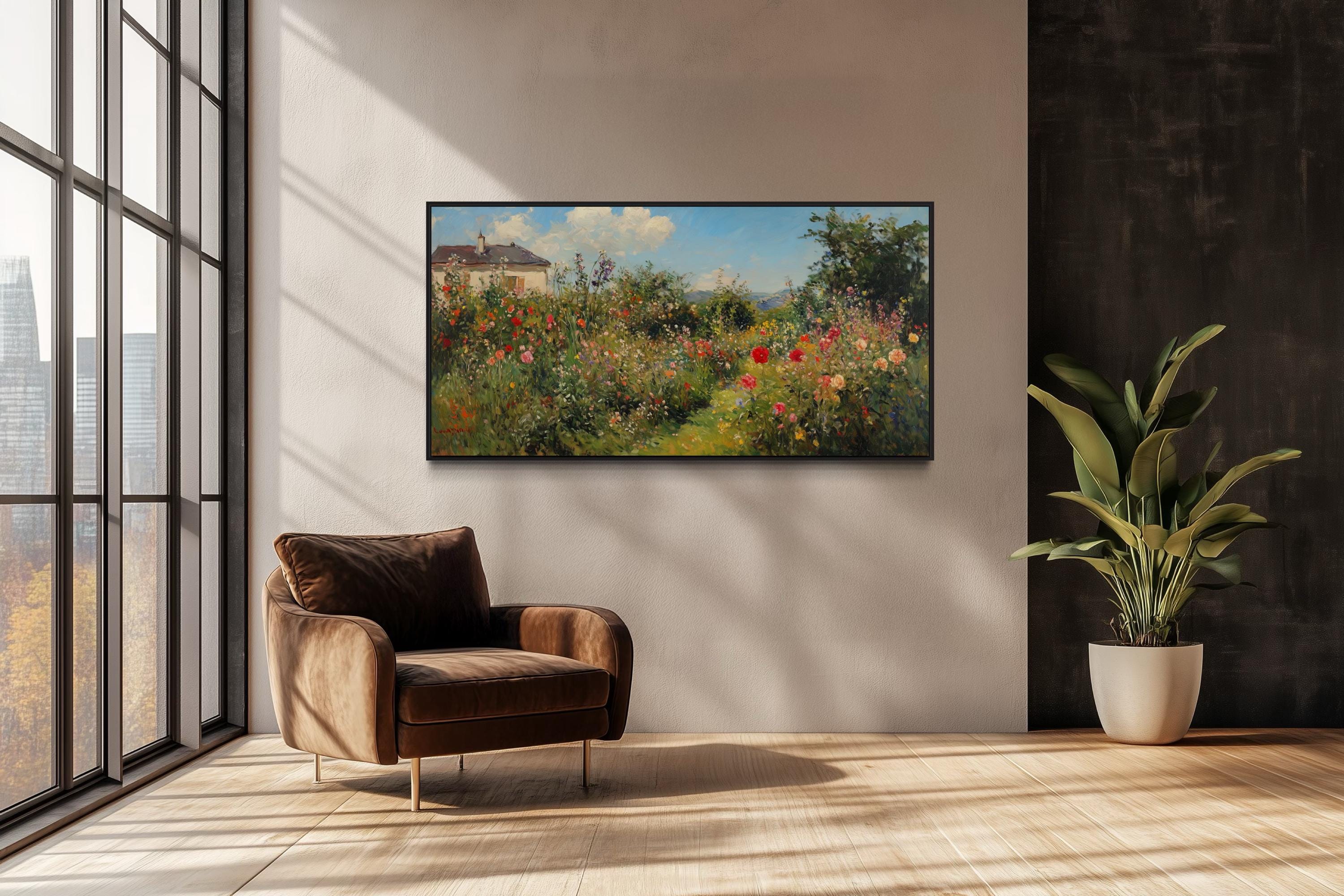 Impressionist Floral Garden Wall Art - Wildflower Meadow Canvas Print for Vintage Living Room or Country House Decor