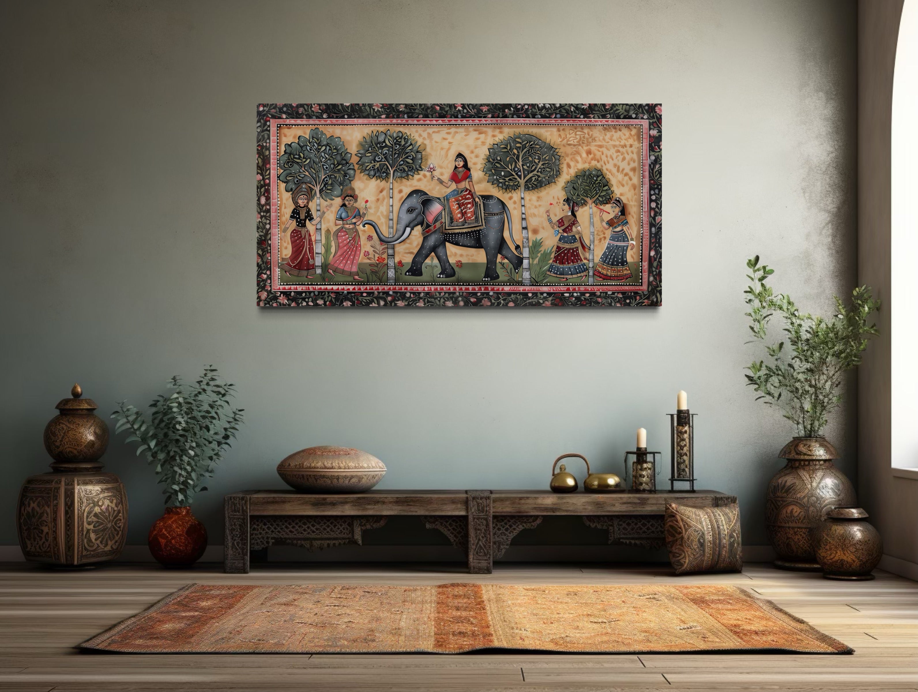 Indian Elephant Madhubani Style Painting Framed Canvas Wall Art