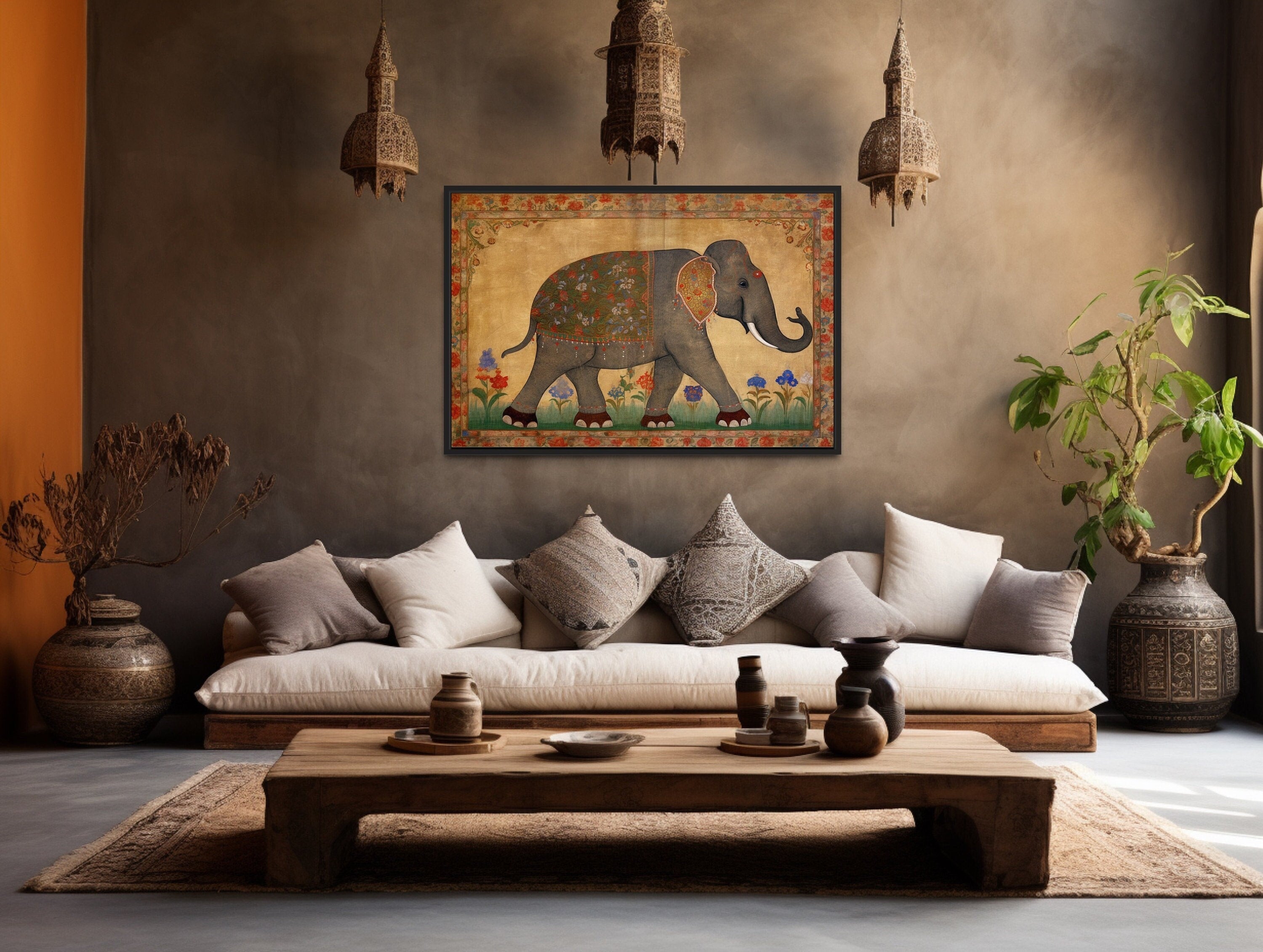Indian Elephant Traditional Framed Canvas Wall Art