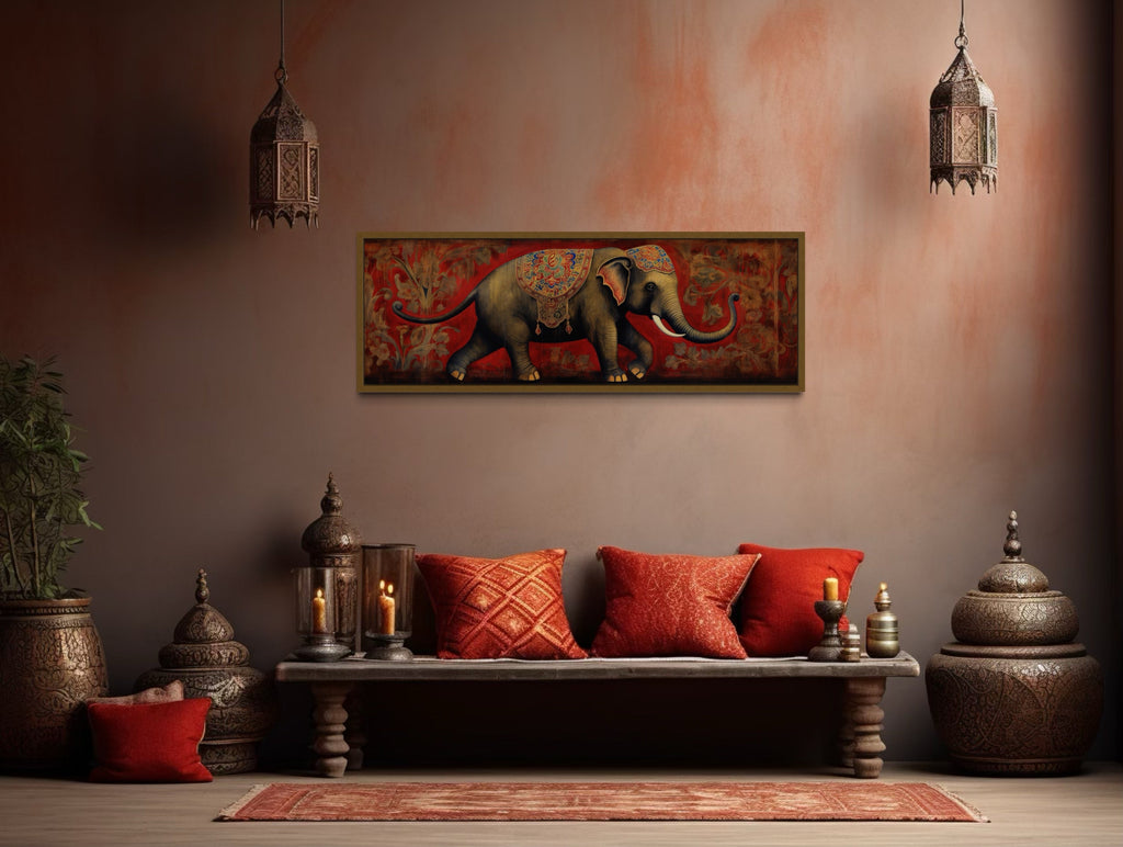 Indian Elephant Traditional Panoramic Framed Canvas Wall Art