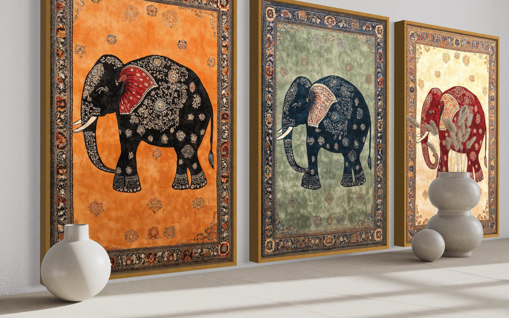 Indian Madhubani Elephant Canvas Wall Art Set of 3