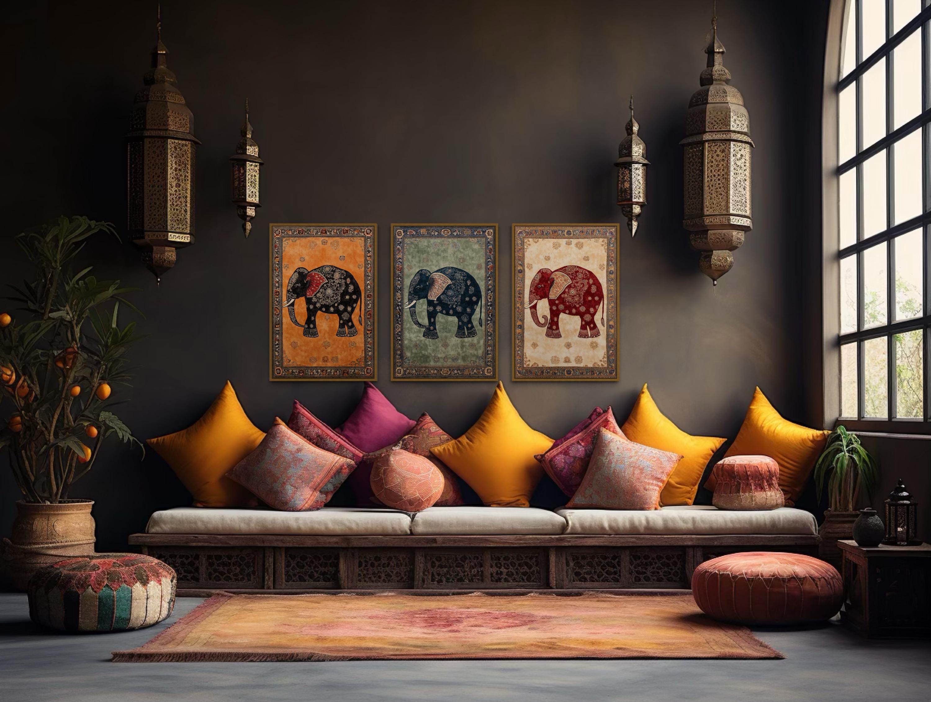 Indian Madhubani Elephant Canvas Wall Art Set of 3