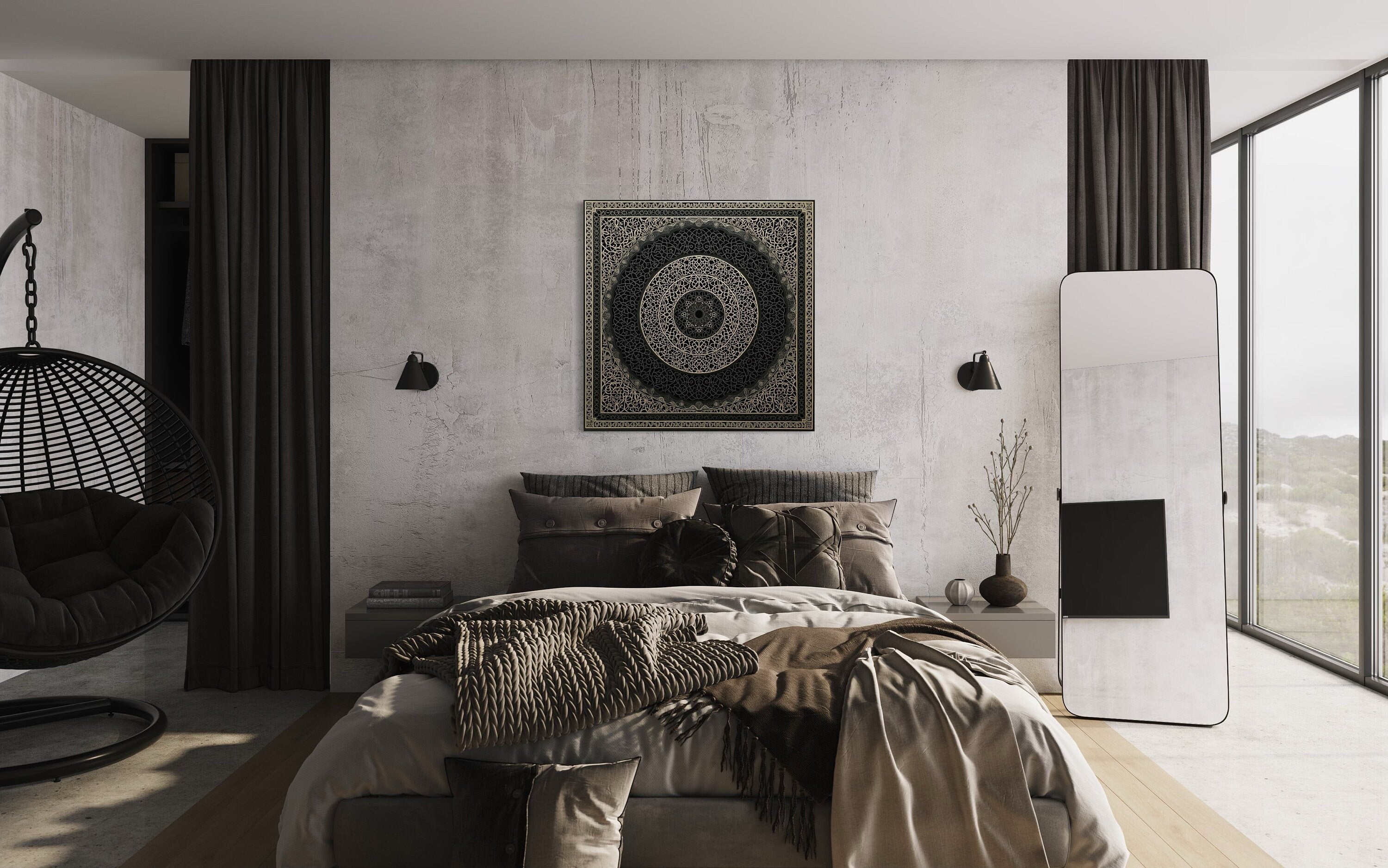 Indian Mandala Boho Black Grey  Framed Canvas Wall Art