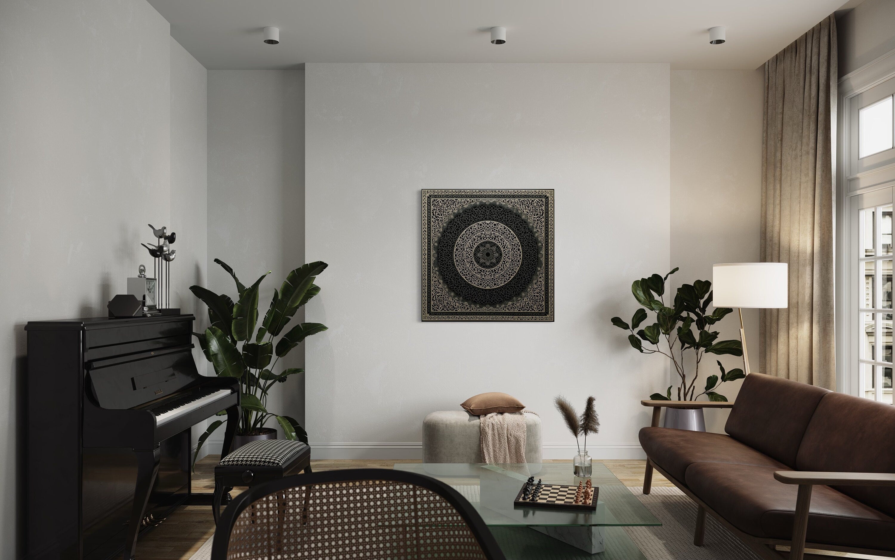Indian Mandala Boho Black Grey  Framed Canvas Wall Art