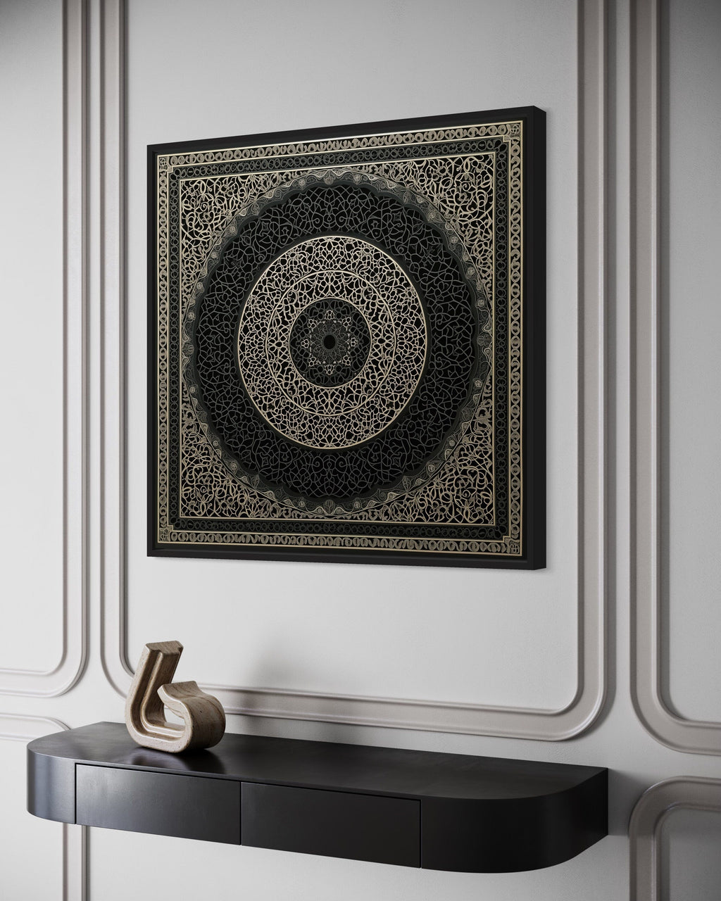 Indian Mandala Boho Black Grey  Framed Canvas Wall Art