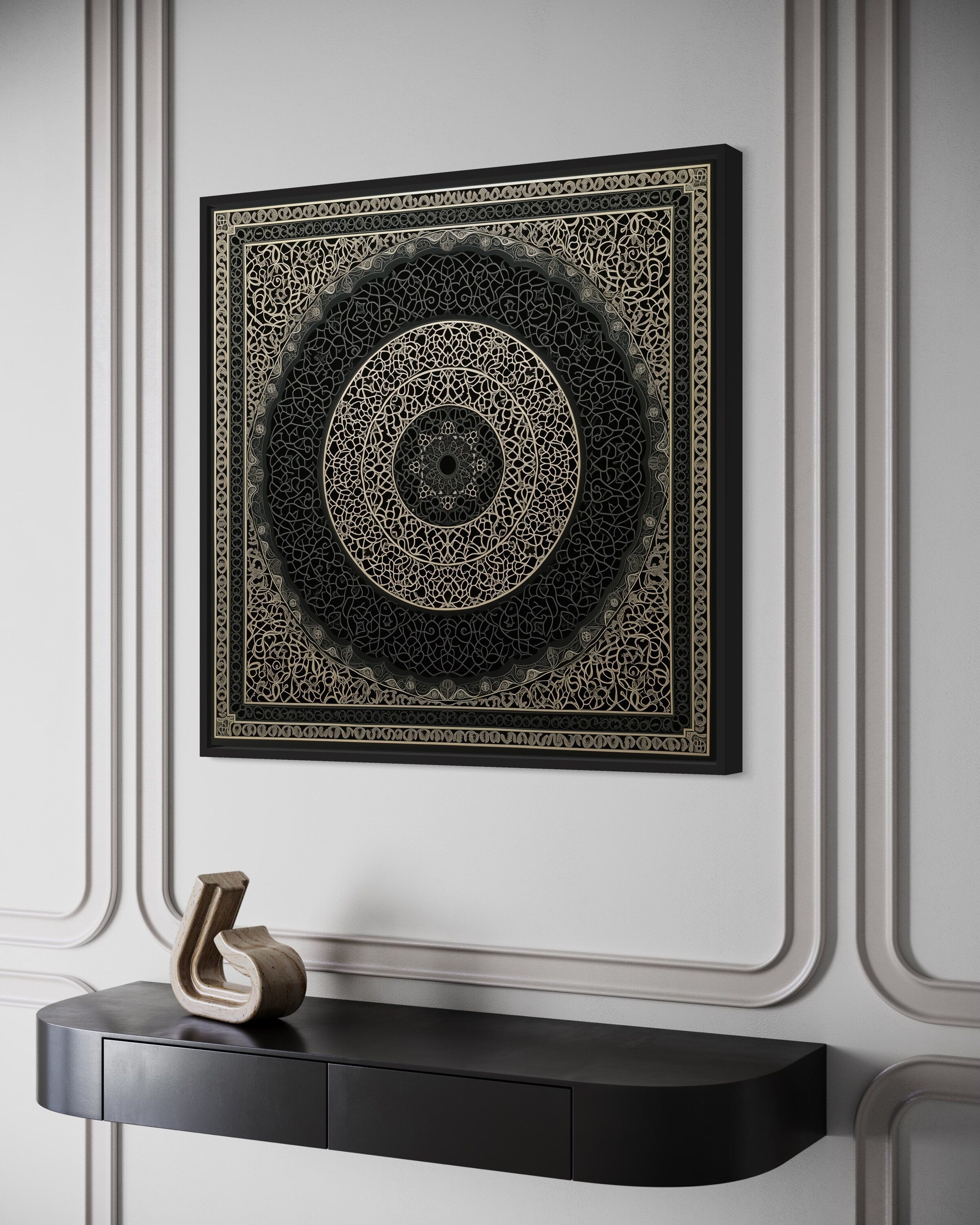 Indian Mandala Boho Black Grey  Framed Canvas Wall Art