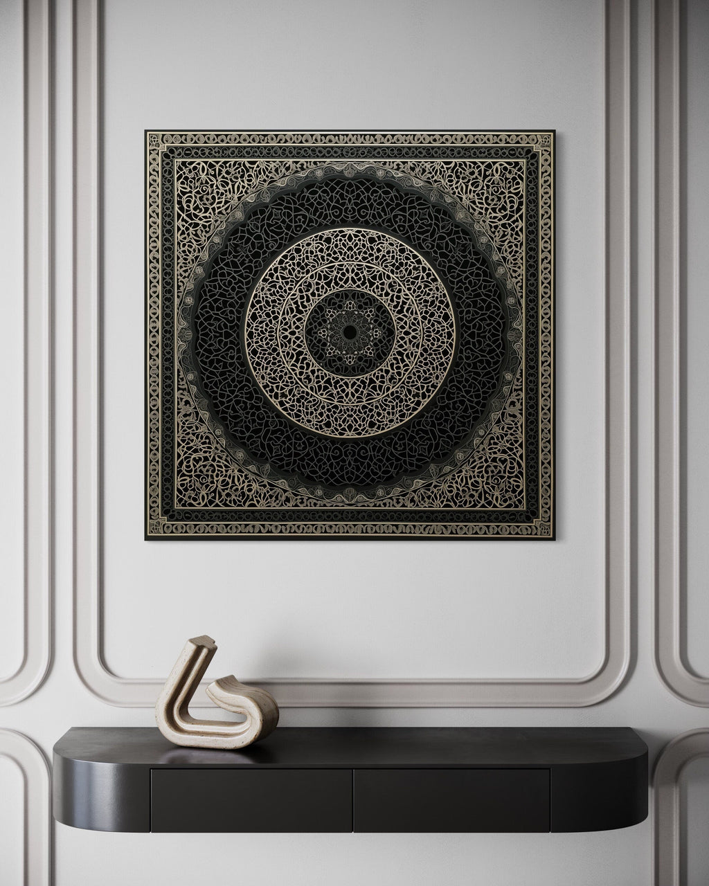 Indian Mandala Boho Black Grey  Framed Canvas Wall Art