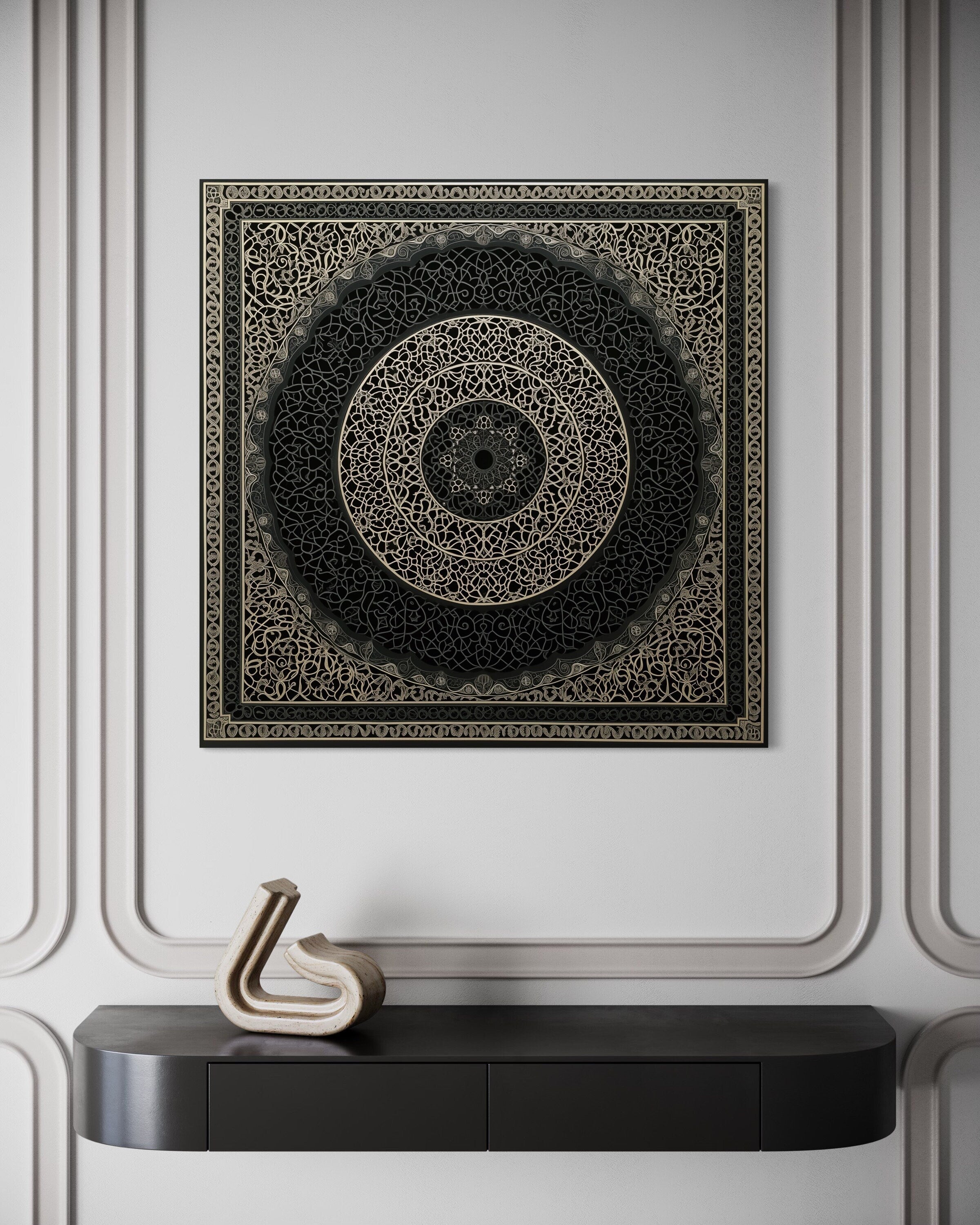 Indian Mandala Boho Black Grey  Framed Canvas Wall Art