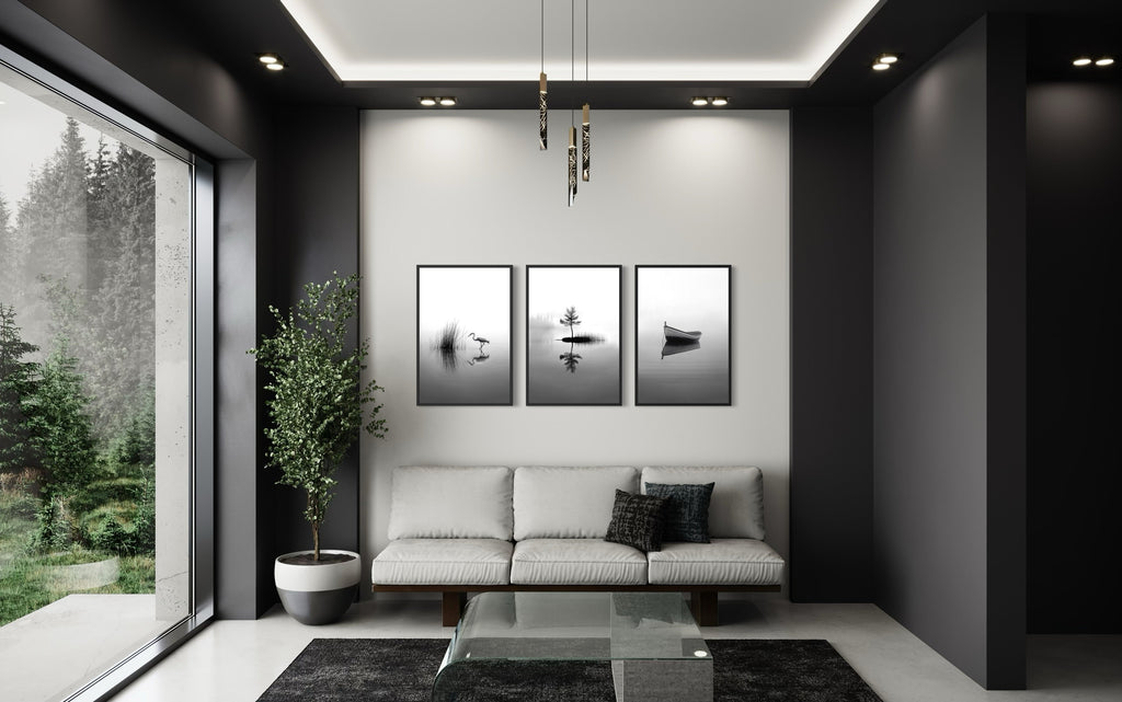 Japandi Wall Art, Set Of 3 Black White Foggy Lake, Japanese Crane, Boat And Maple Tree
