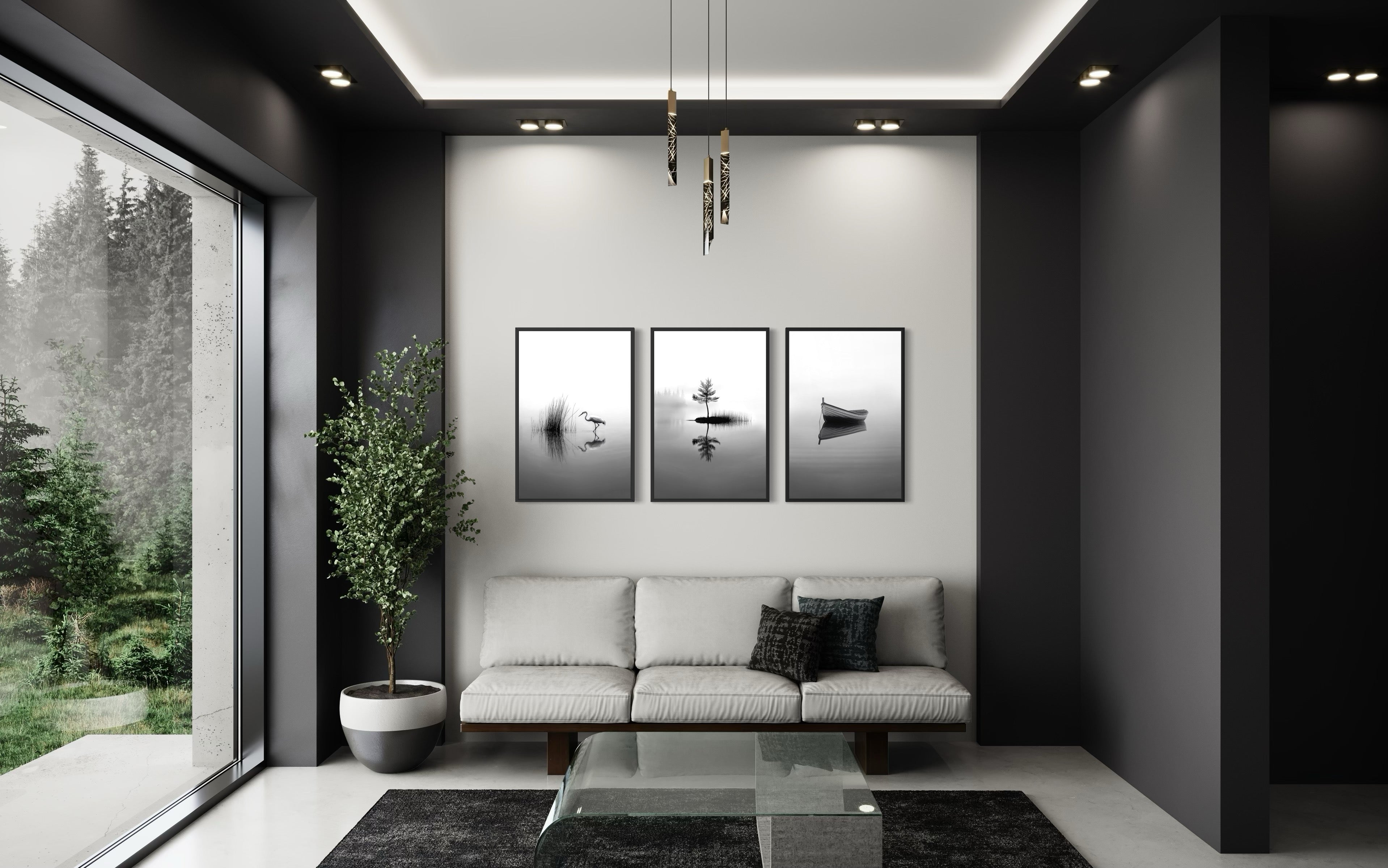 Japandi Wall Art, Set Of 3 Black White Foggy Lake, Japanese Crane, Boat And Maple Tree