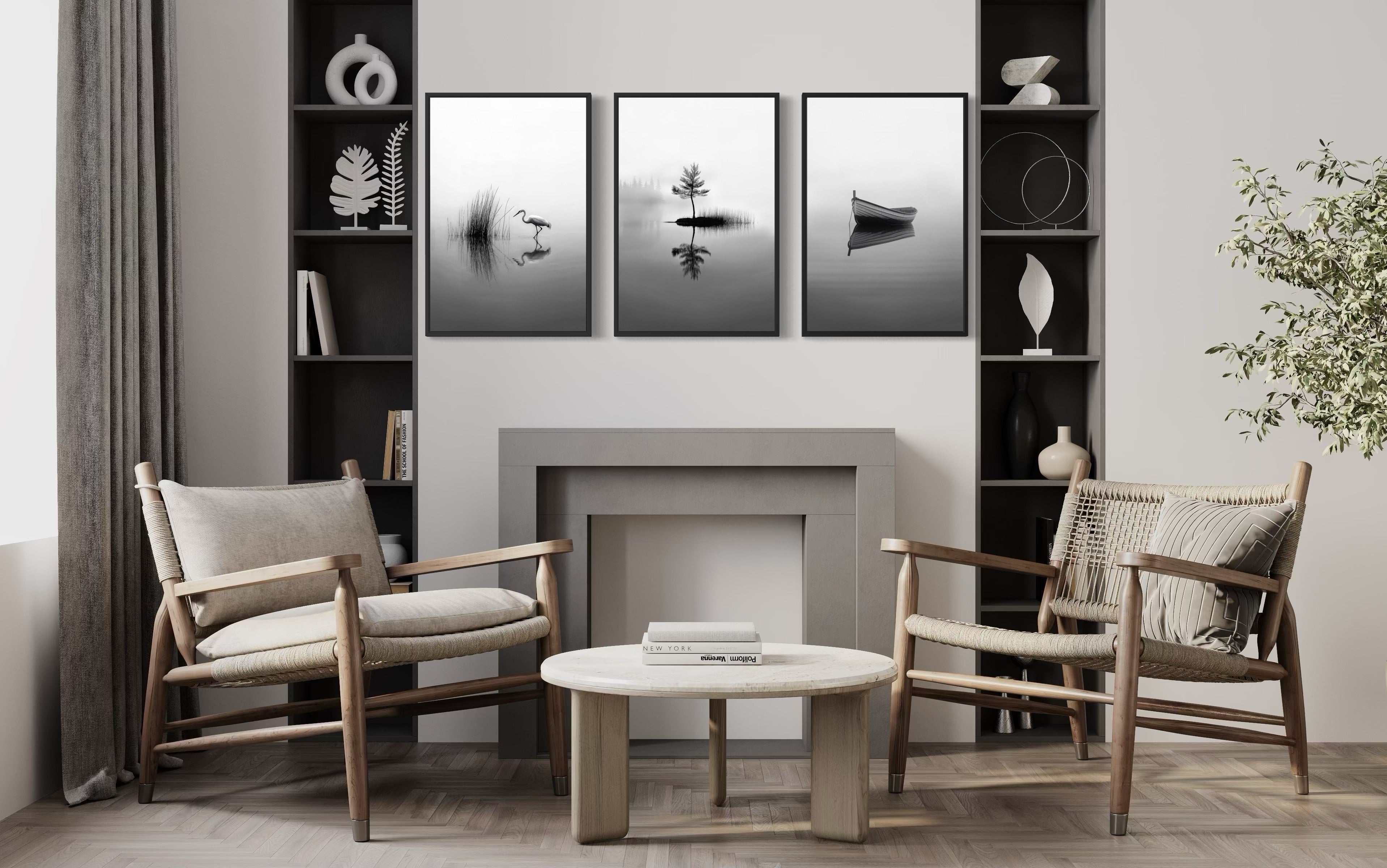 Japandi Wall Art, Set Of 3 Black White Foggy Lake, Japanese Crane, Boat And Maple Tree