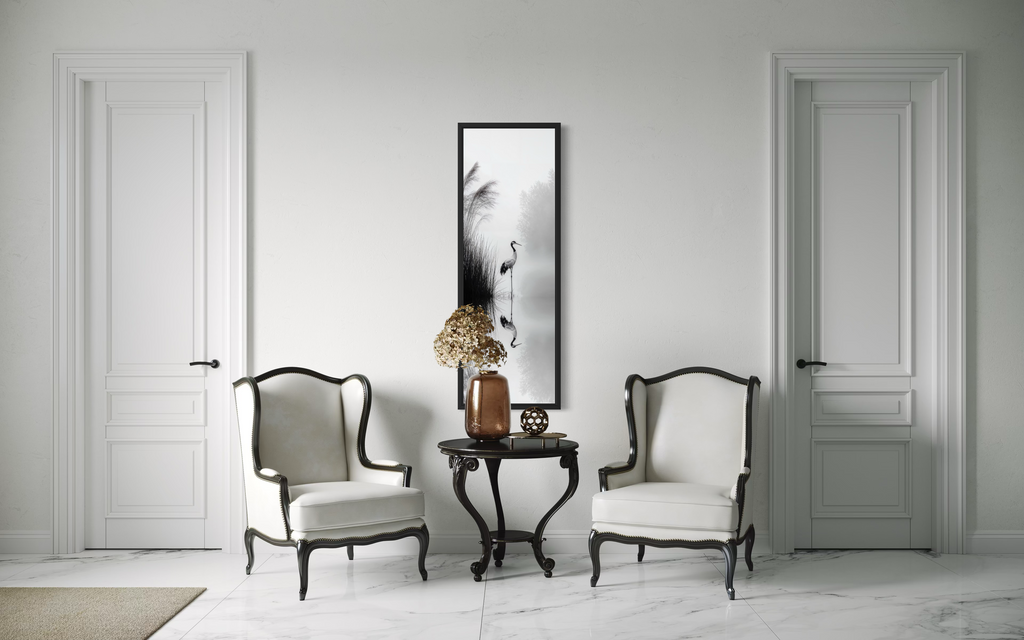 Japanese Crane Wall Art - Vertical Narrow Canvas Print | Black White Zen Decor