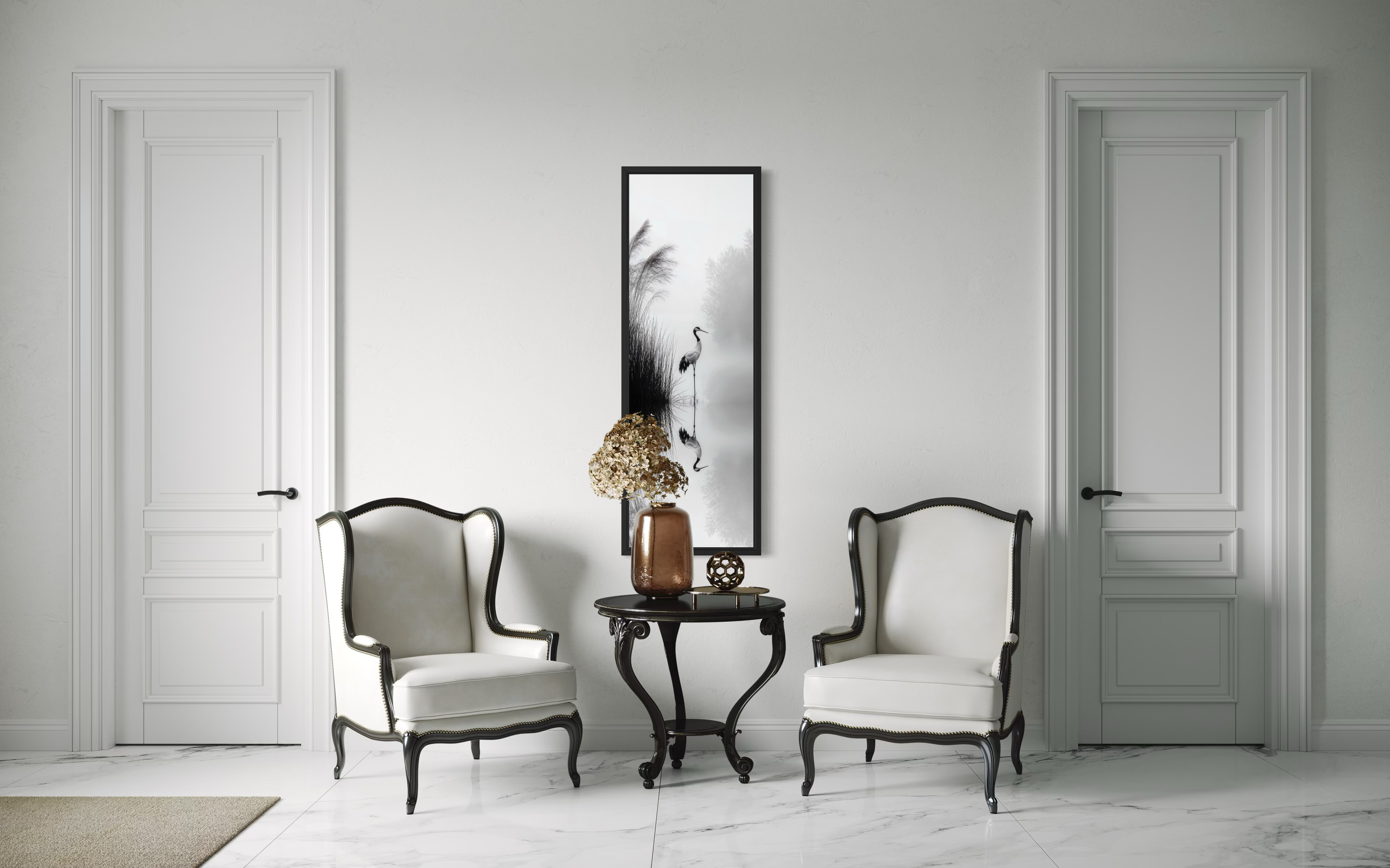 Japanese Crane Wall Art - Vertical Narrow Canvas Print | Black White Zen Decor