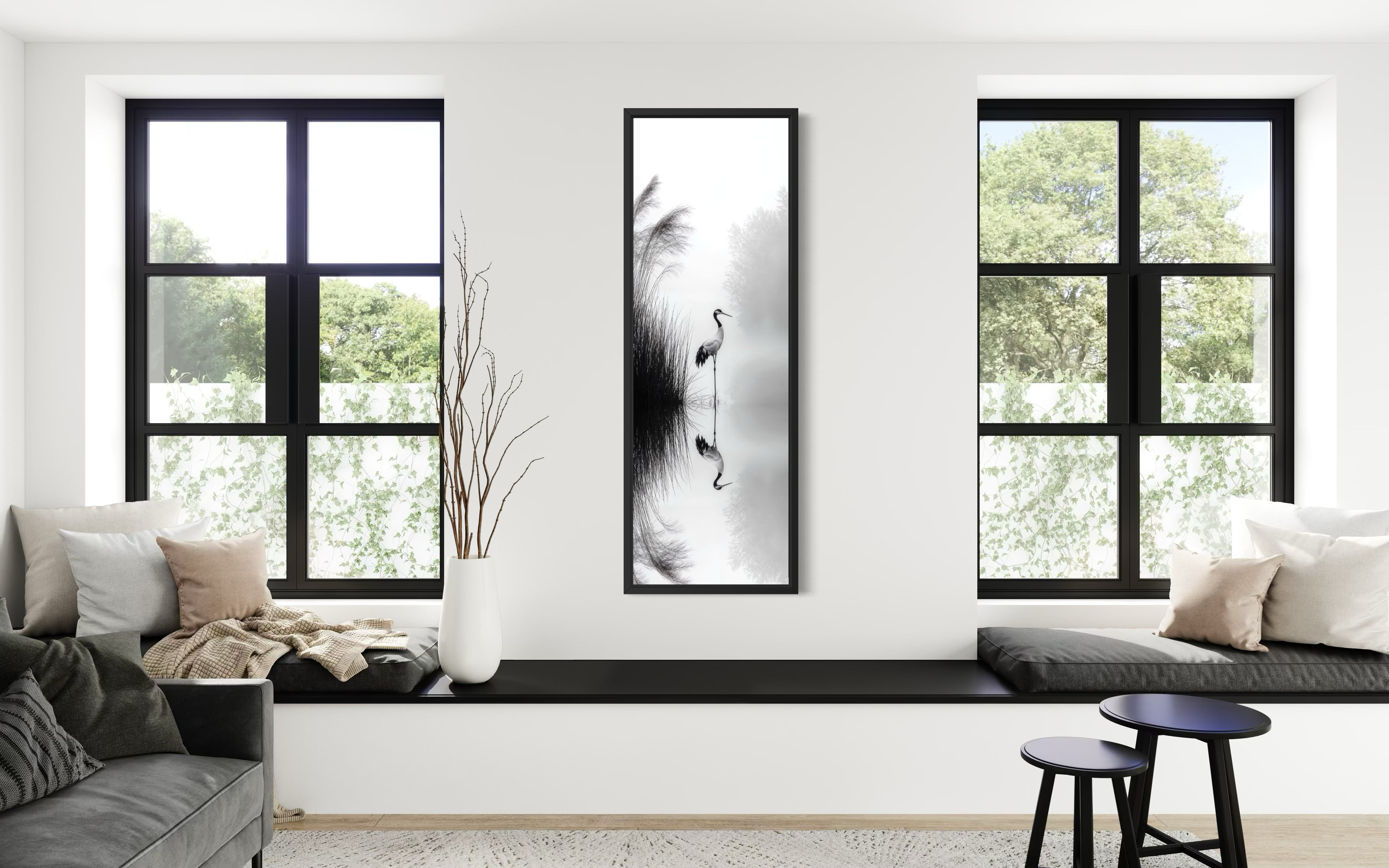 Japanese Crane Wall Art - Vertical Narrow Canvas Print | Black White Zen Decor