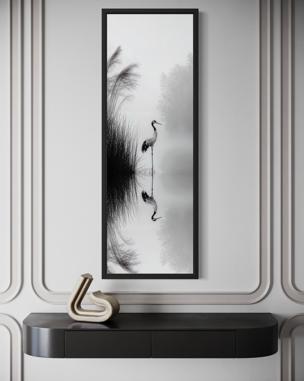 Japanese Crane Wall Art - Vertical Narrow Canvas Print | Black White Zen Decor