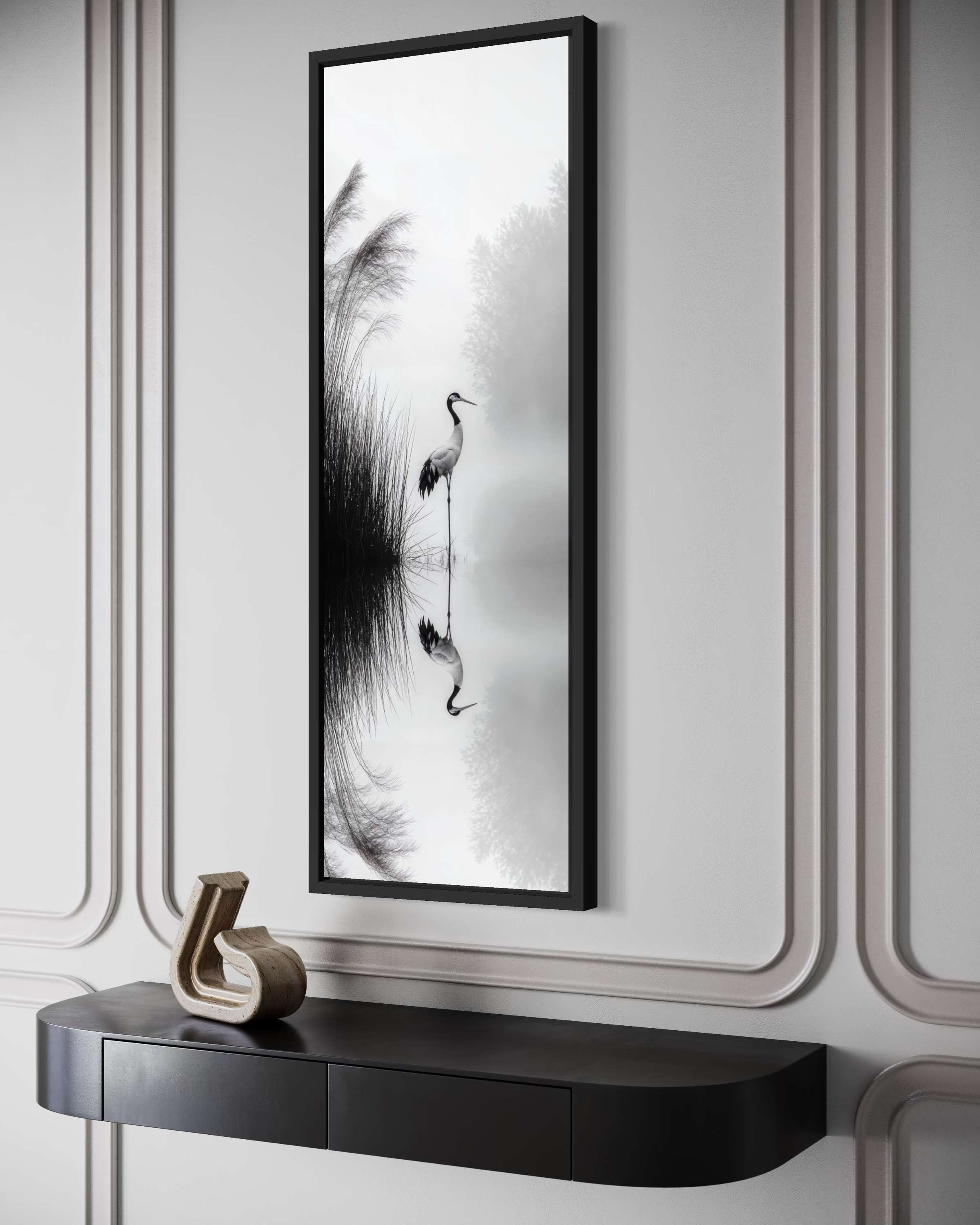Japanese Crane Wall Art - Vertical Narrow Canvas Print | Black White Zen Decor