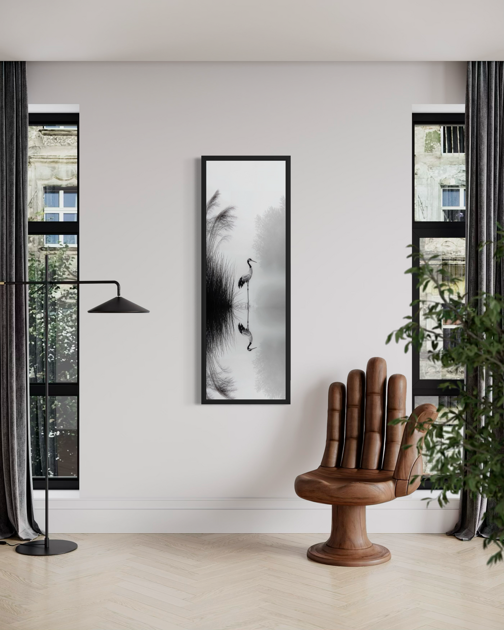 Japanese Crane Wall Art - Vertical Narrow Canvas Print | Black White Zen Decor