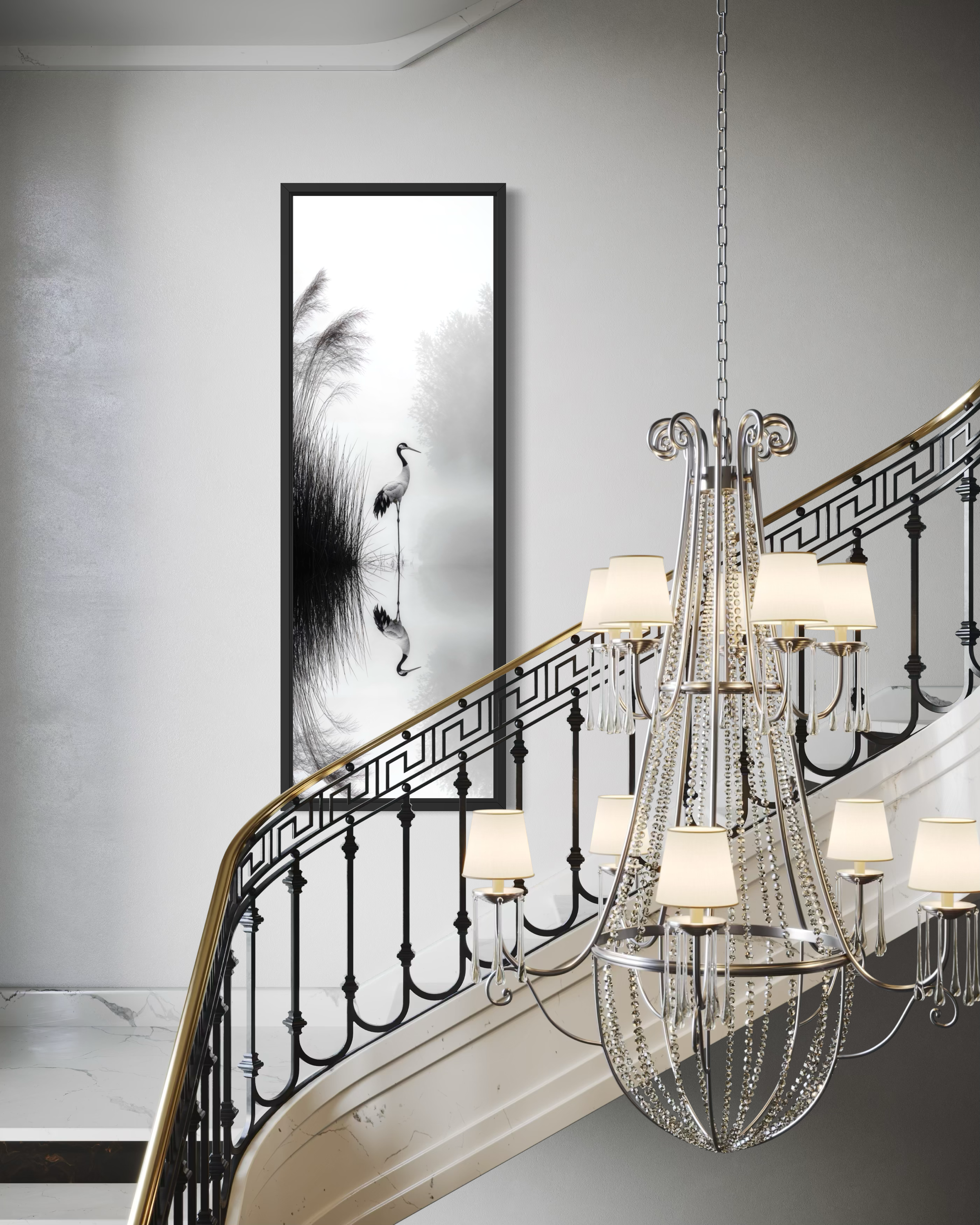 Japanese Crane Wall Art - Vertical Narrow Canvas Print | Black White Zen Decor