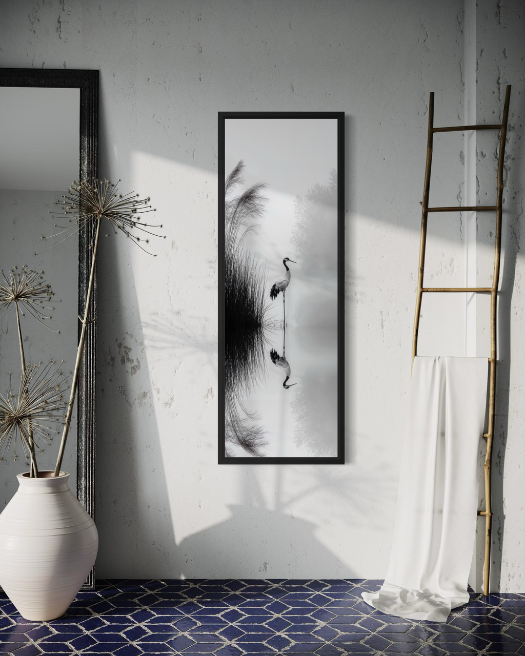 Japanese Crane Wall Art - Vertical Narrow Canvas Print | Black White Zen Decor