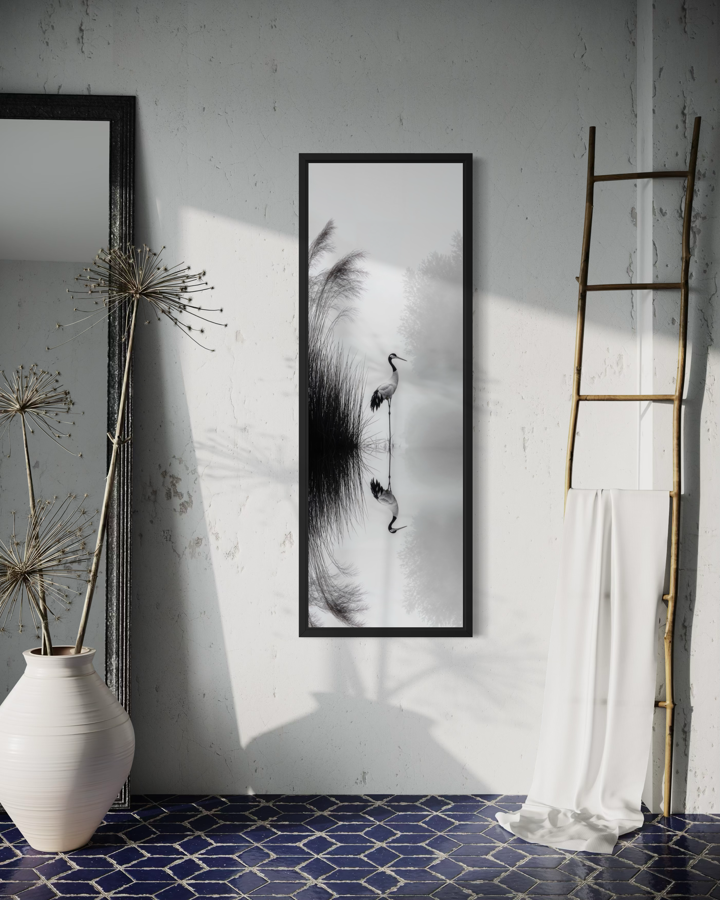 Japanese Crane Wall Art - Vertical Narrow Canvas Print | Black White Zen Decor