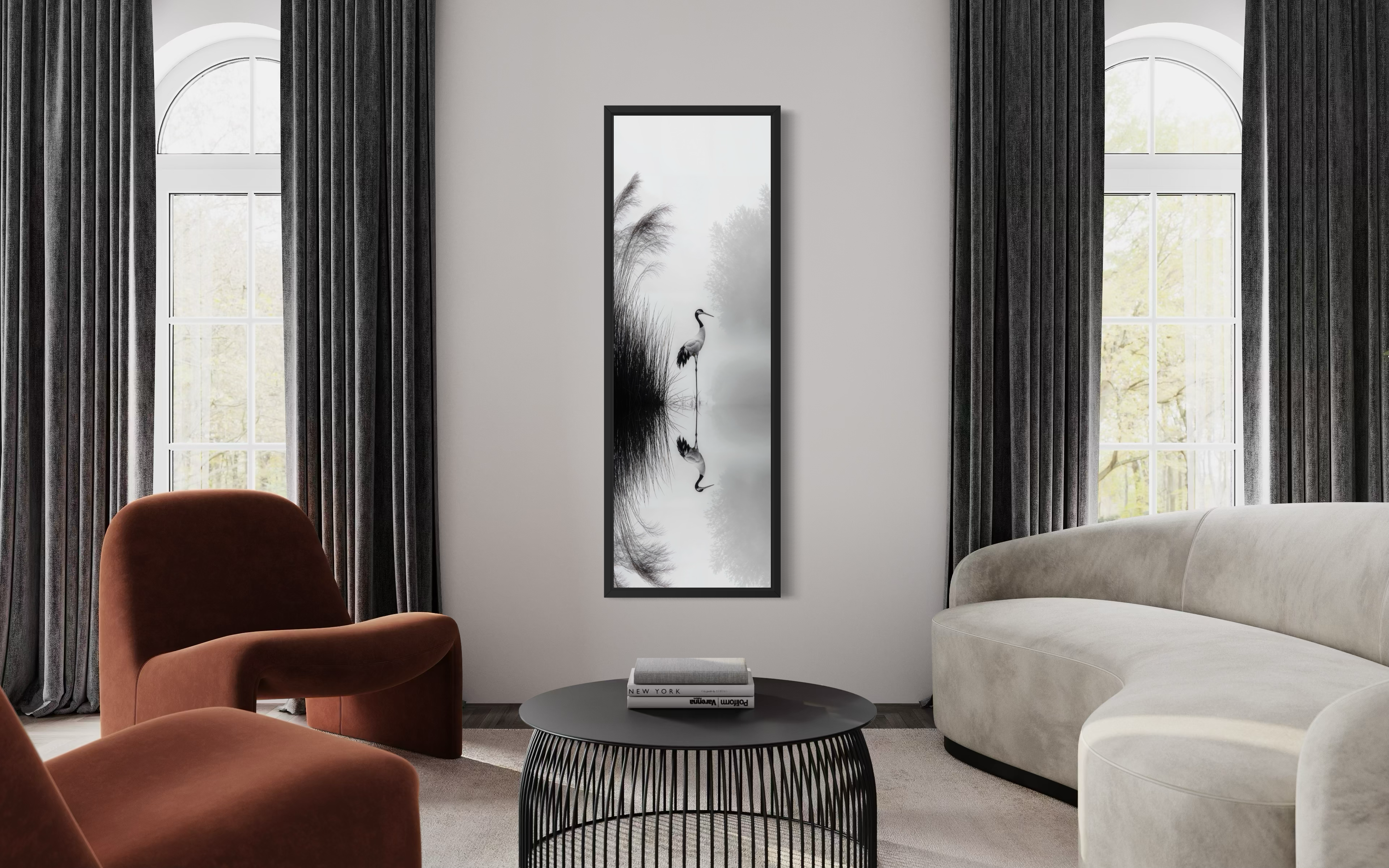 Japanese Crane Wall Art - Vertical Narrow Canvas Print | Black White Zen Decor