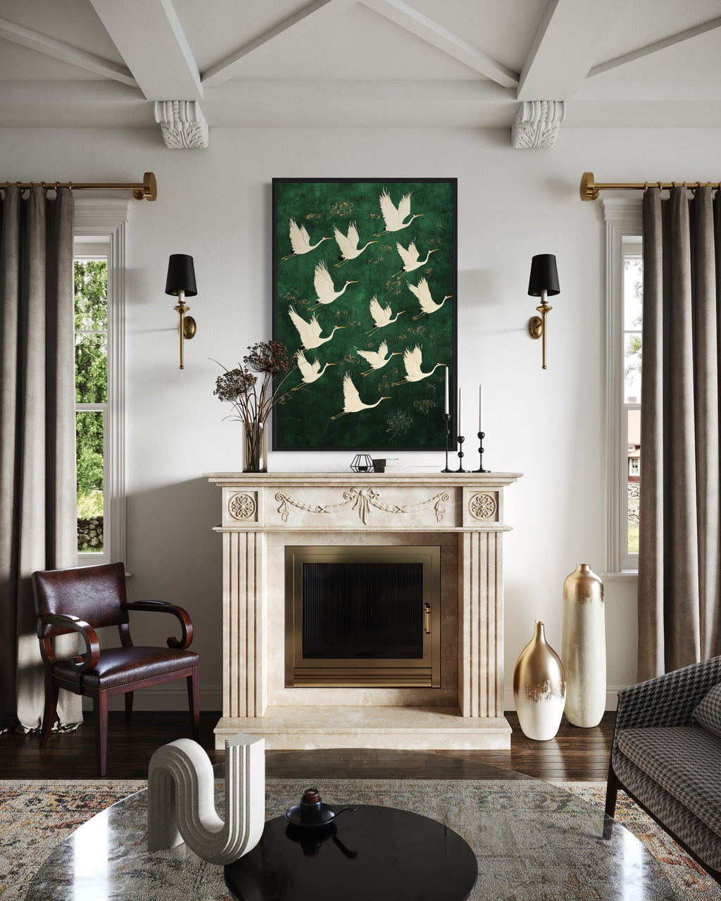 Japanese Cranes Flying On Green Background Framed Canvas Wall Art