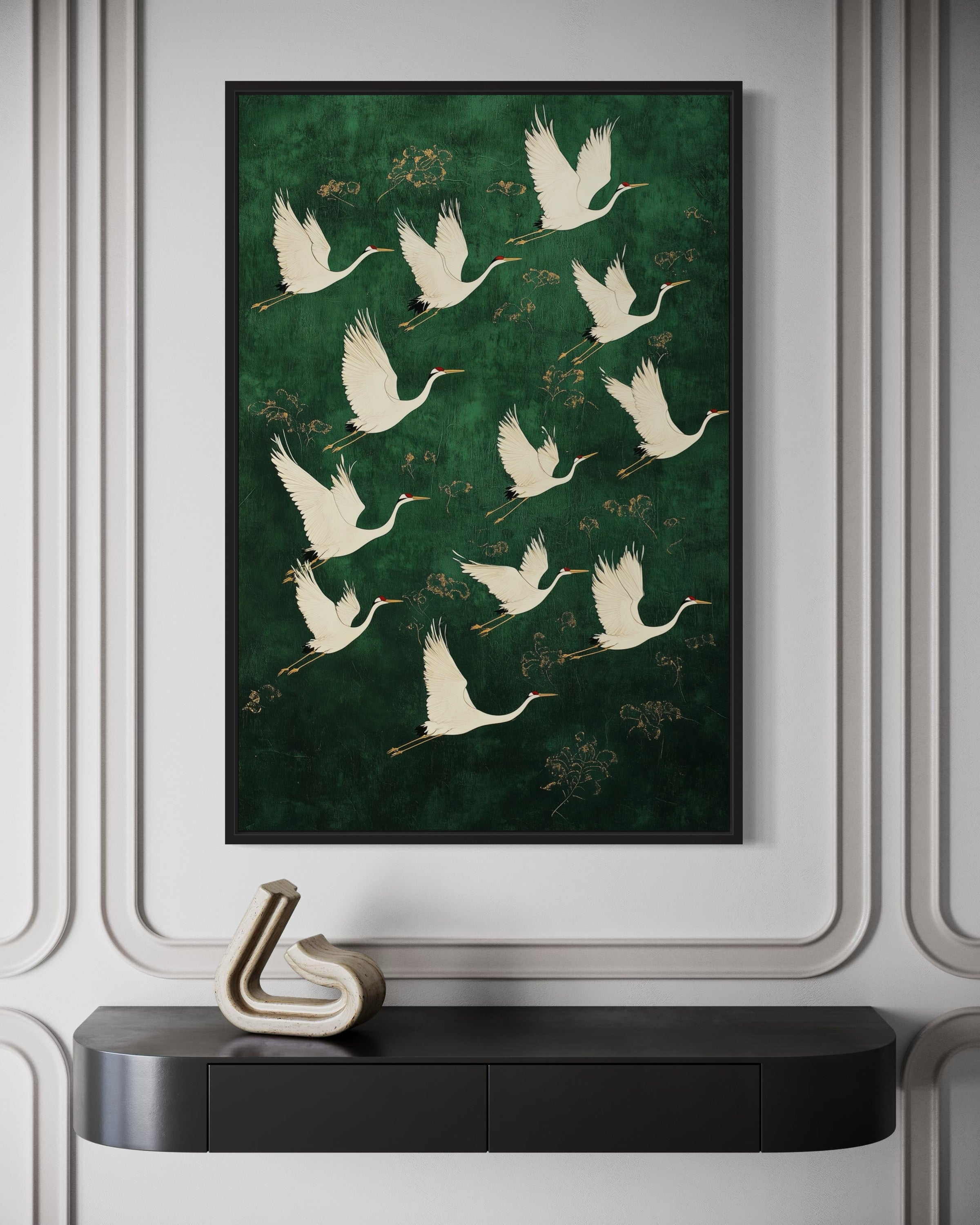 Japanese Cranes Flying On Green Background Framed Canvas Wall Art