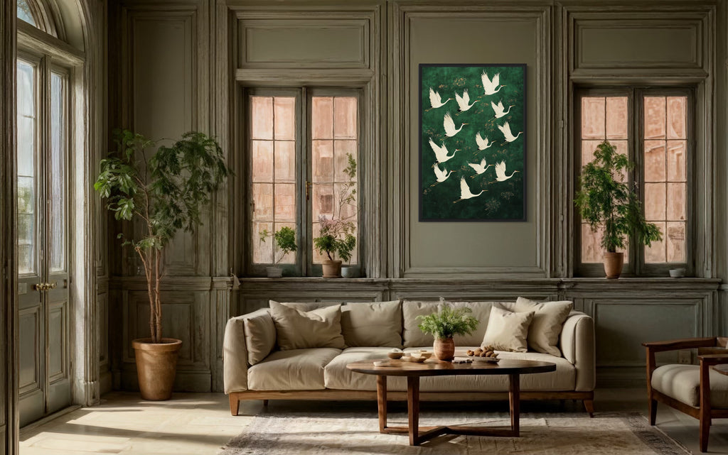 Japanese Cranes Flying On Green Background Framed Canvas Wall Art