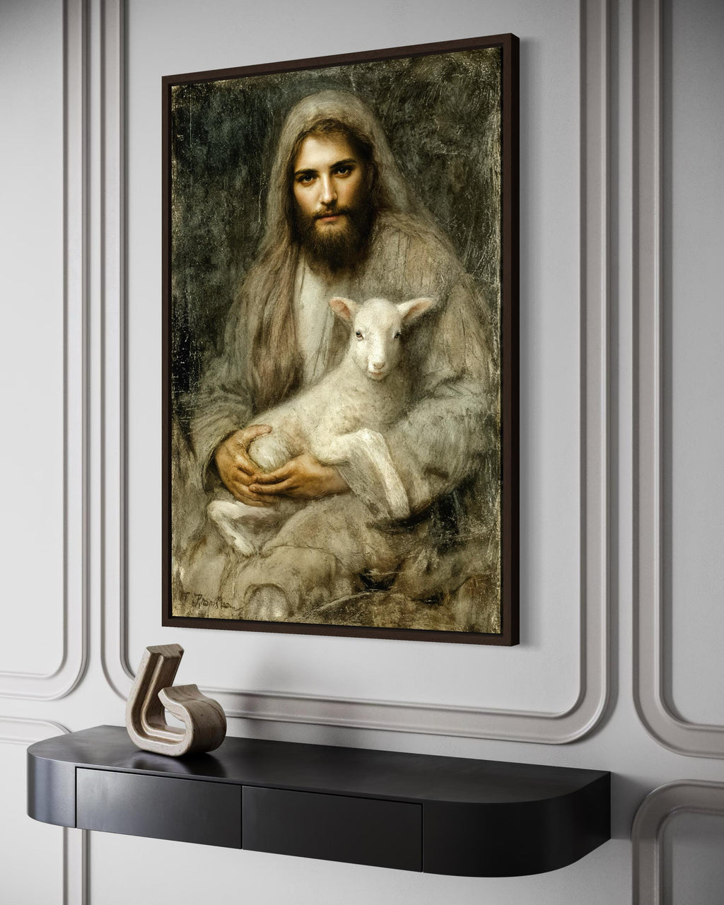 Jesus And Lamb Wall Art Canvas | Good Shepherd Painting - Framed Religious Artwork for Prayer Room