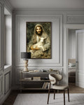 Jesus And Lamb Wall Art Canvas | Good Shepherd Painting - Framed Religious Artwork for Prayer Room
