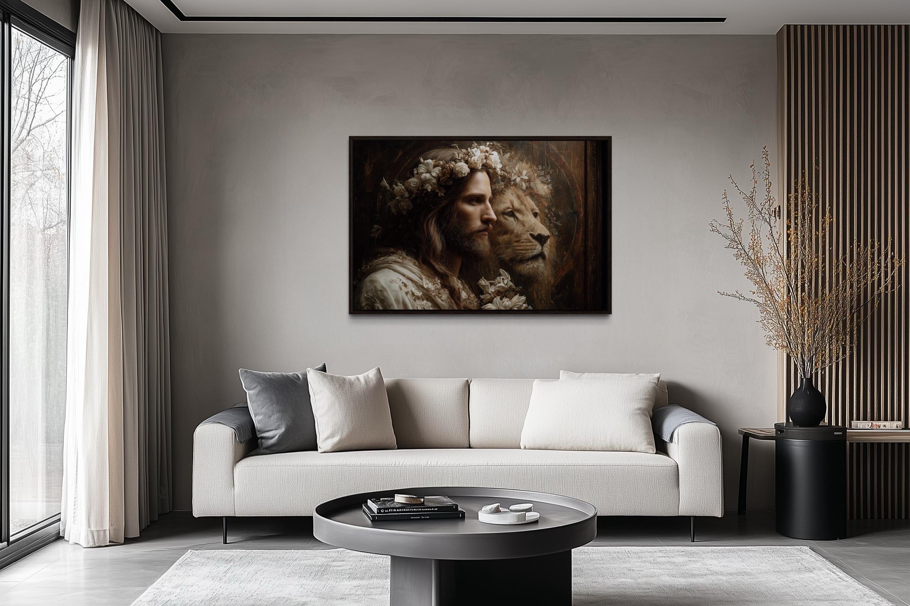 Jesus And Lion Framed Canvas Wall Art