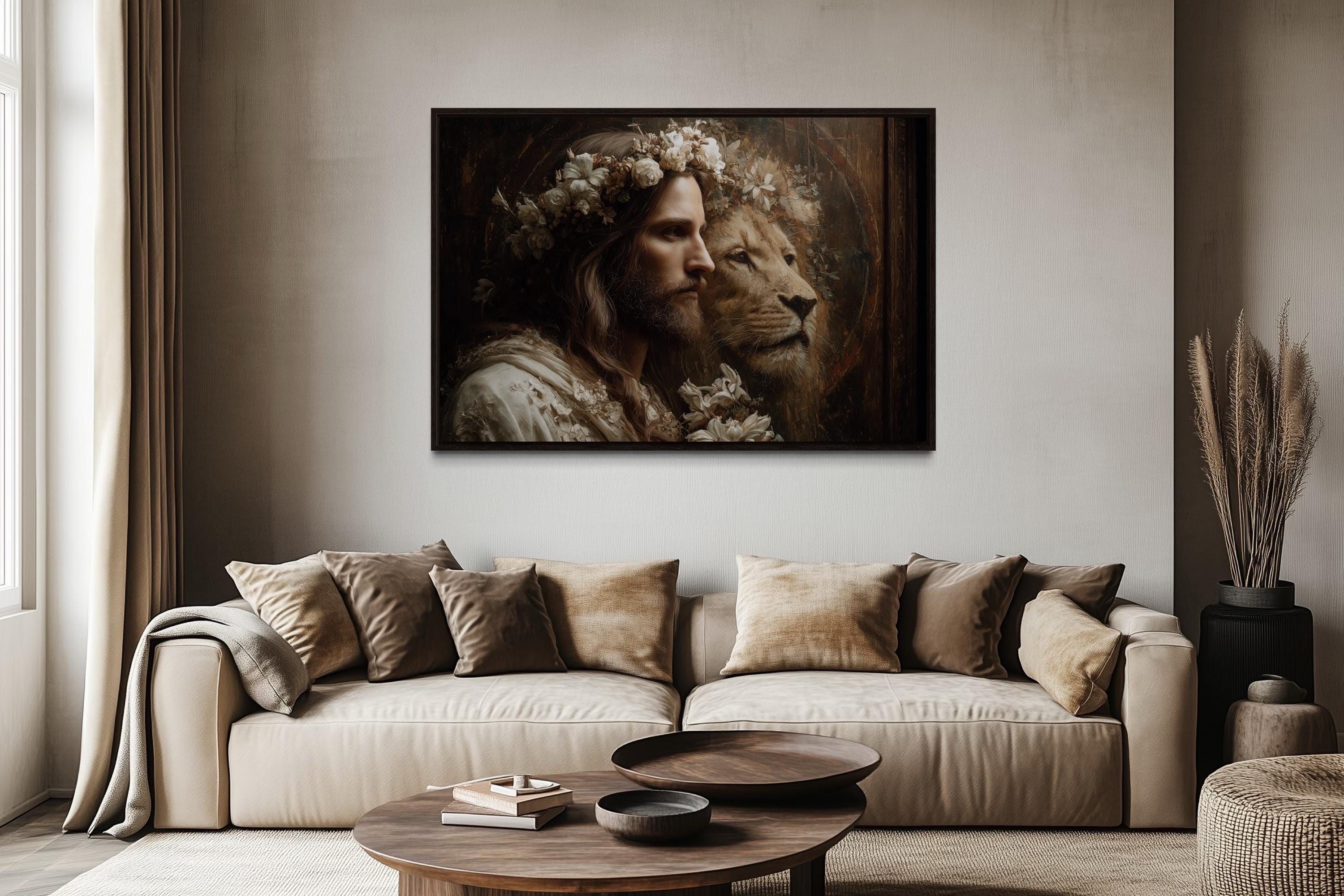 Jesus And Lion Framed Canvas Wall Art