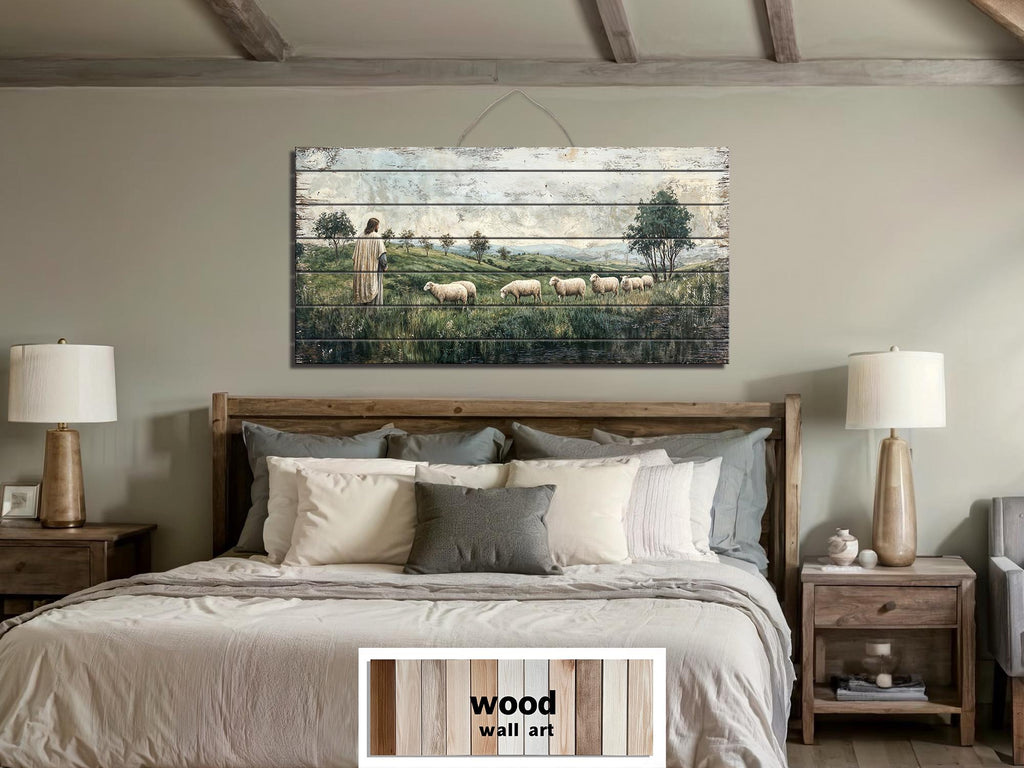 Jesus And Sheep Distressed Wood Wall Art -Christian Decor