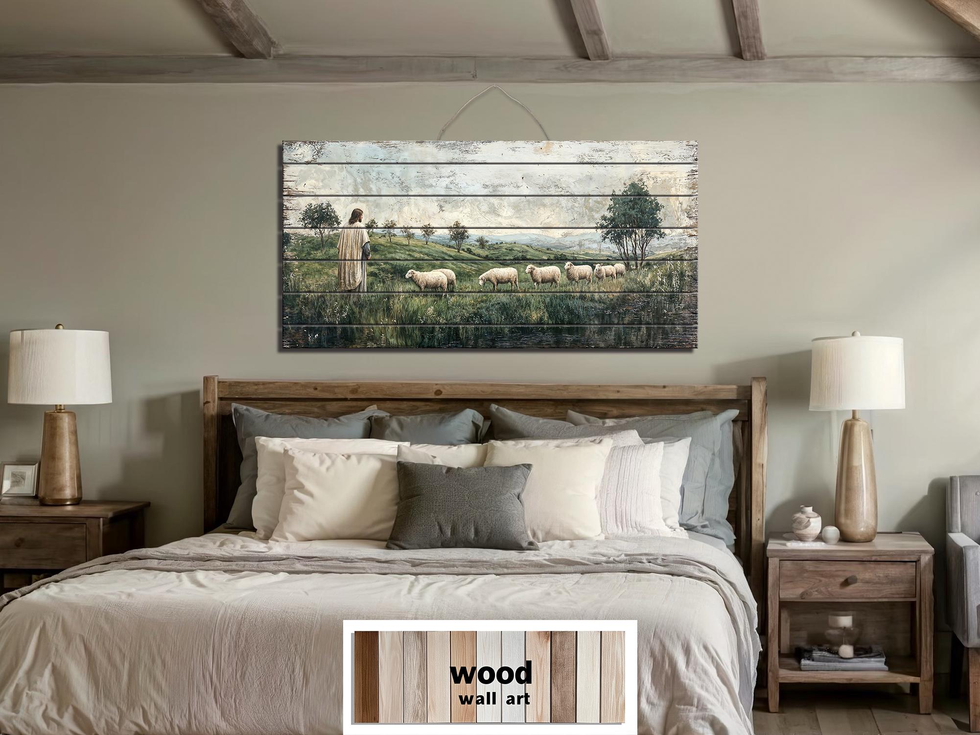 Jesus And Sheep Distressed Wood Wall Art -Christian Decor