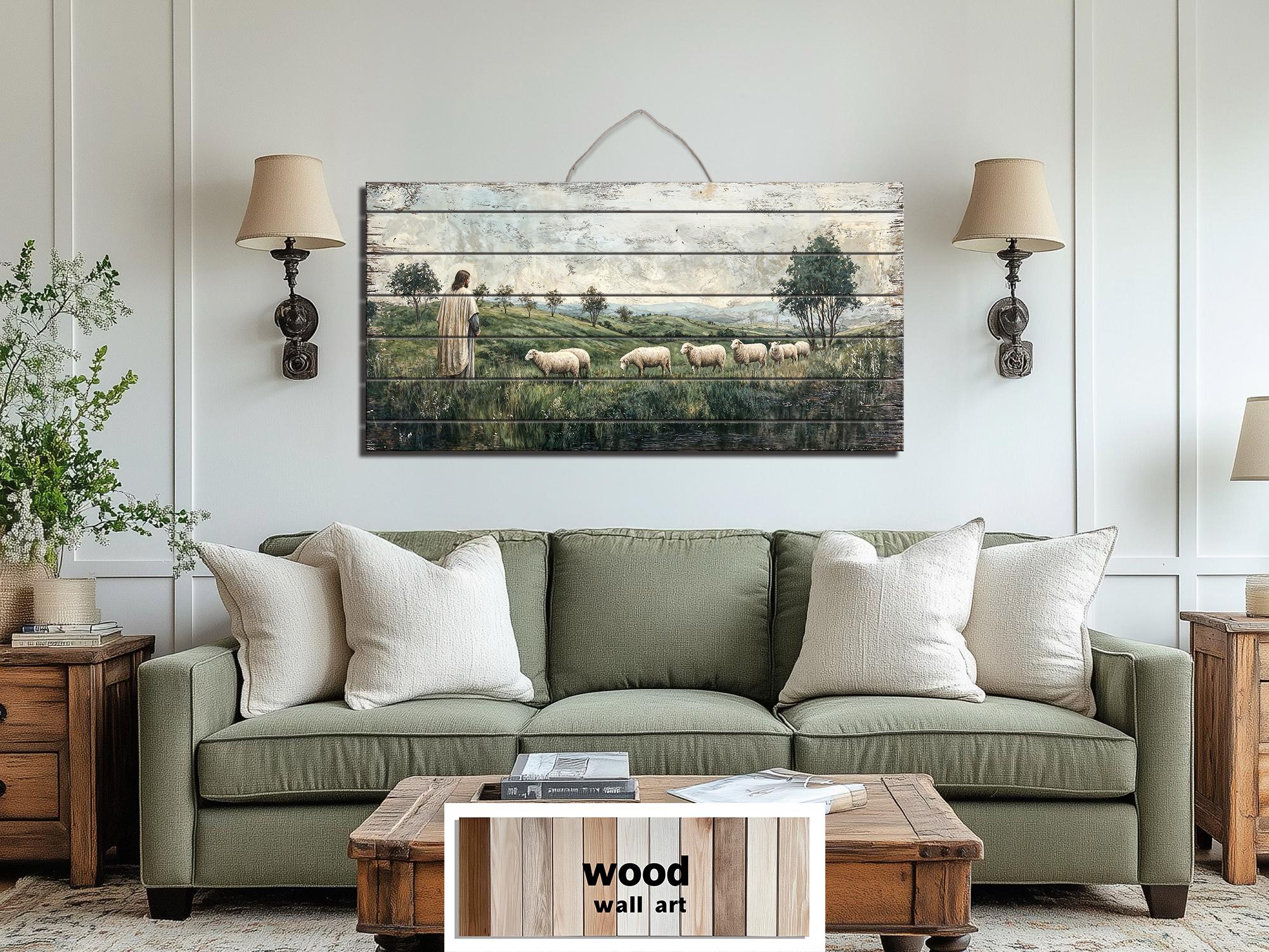 Jesus And Sheep Distressed Wood Wall Art -Christian Decor