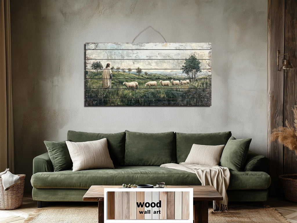 Jesus And Sheep Distressed Wood Wall Art -Christian Decor