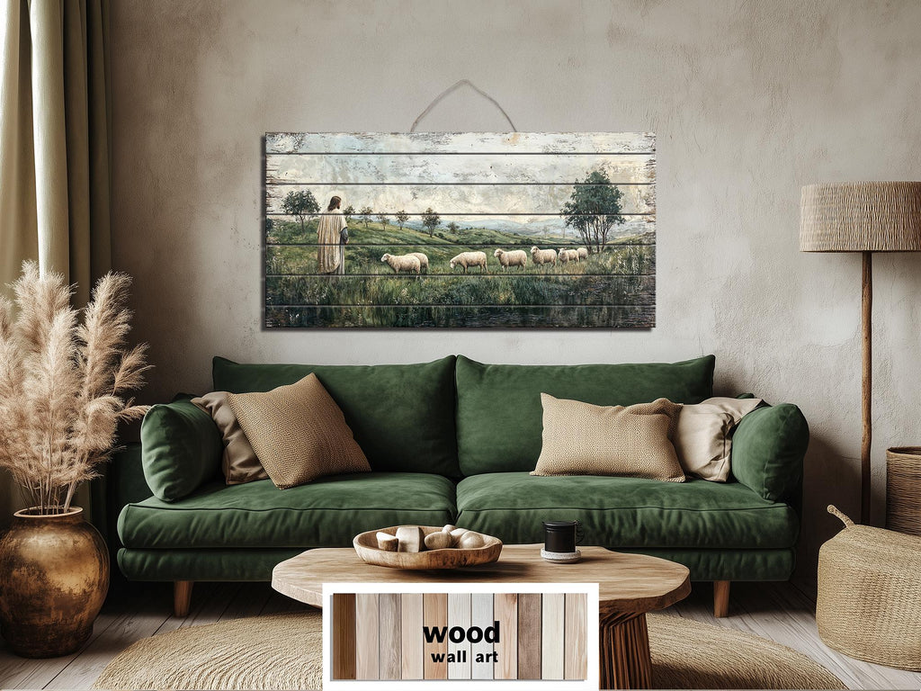 Jesus And Sheep Distressed Wood Wall Art -Christian Decor