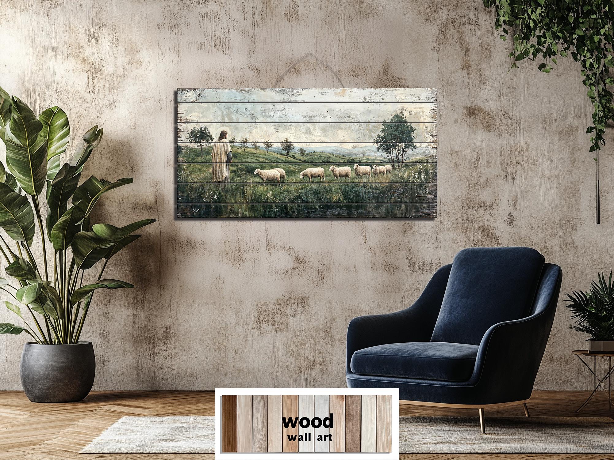 Jesus And Sheep Distressed Wood Wall Art -Christian Decor