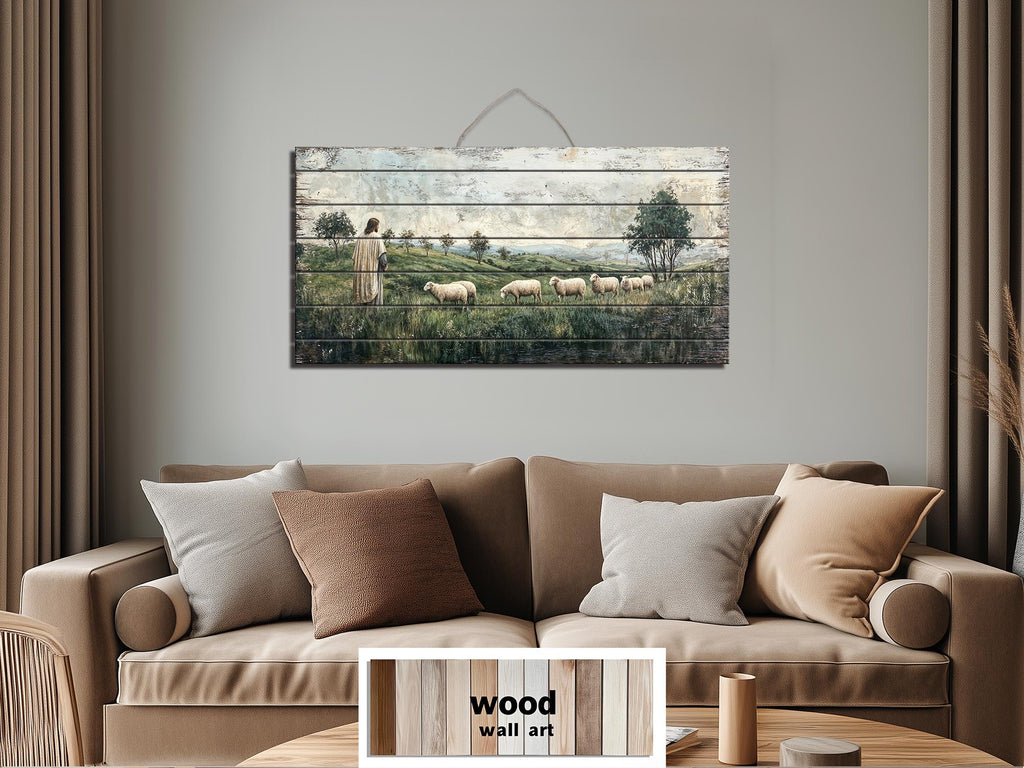 Jesus And Sheep Distressed Wood Wall Art -Christian Decor