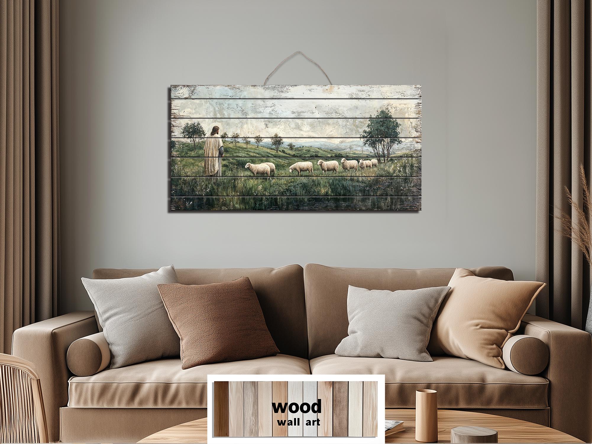 Jesus And Sheep Distressed Wood Wall Art -Christian Decor