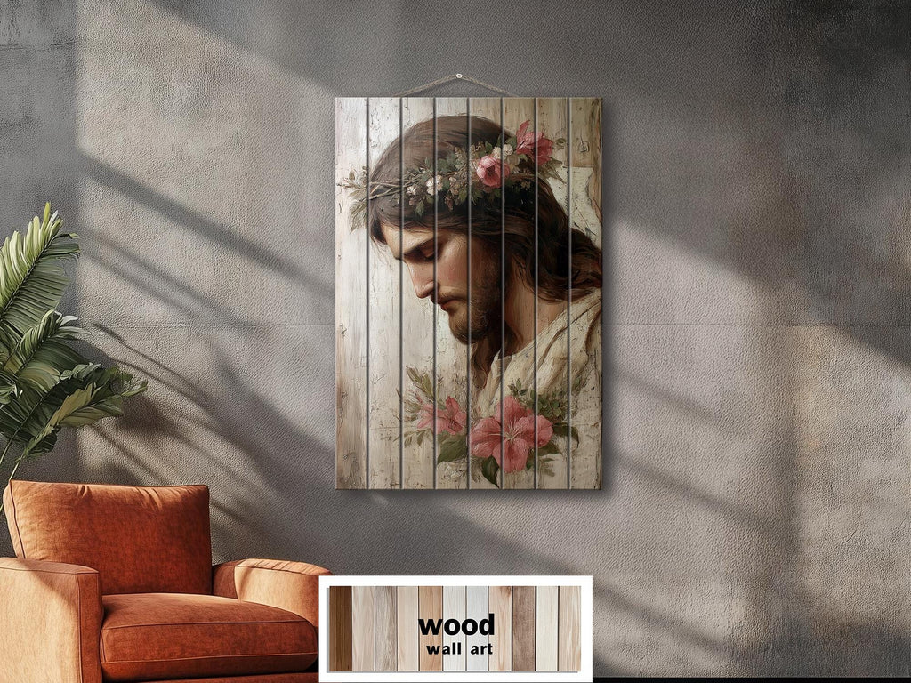 Jesus With Flowers Distressed Wood Wall Art | Rustic Christian Decor