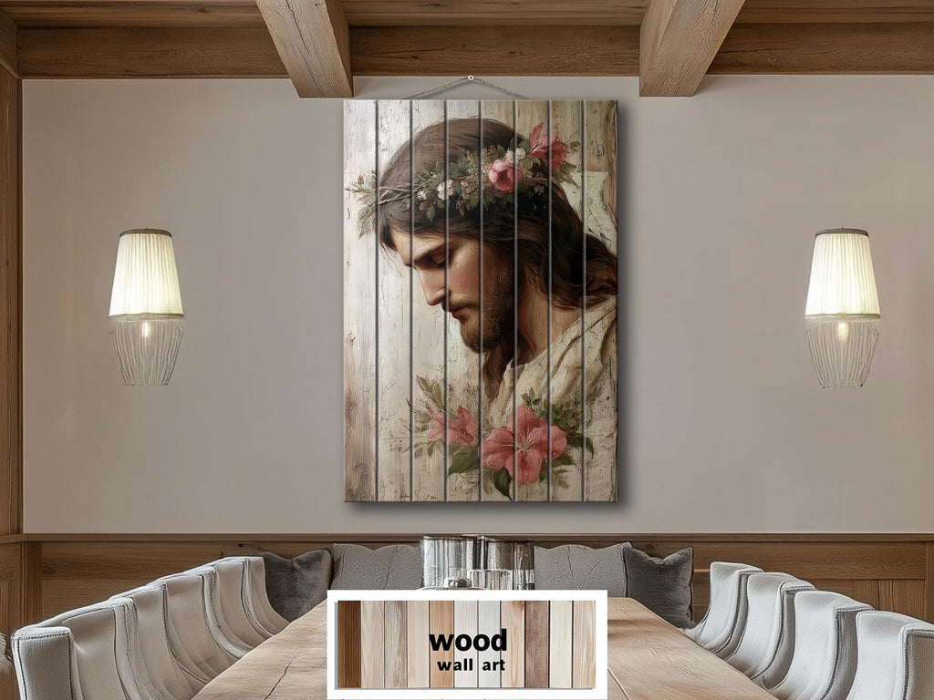Jesus With Flowers Distressed Wood Wall Art | Rustic Christian Decor