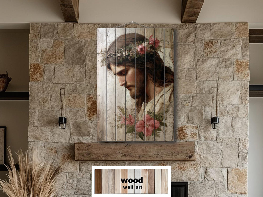 Jesus With Flowers Distressed Wood Wall Art | Rustic Christian Decor