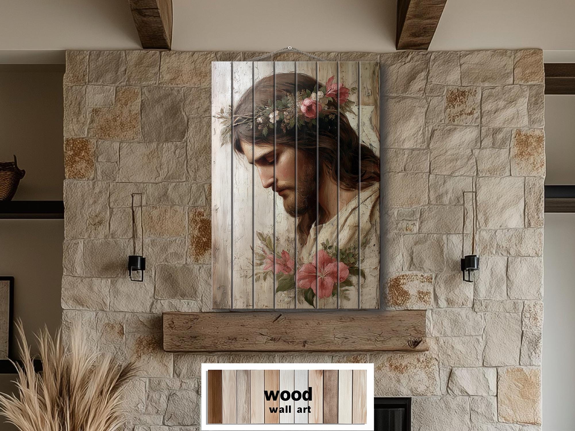 Jesus With Flowers Distressed Wood Wall Art | Rustic Christian Decor