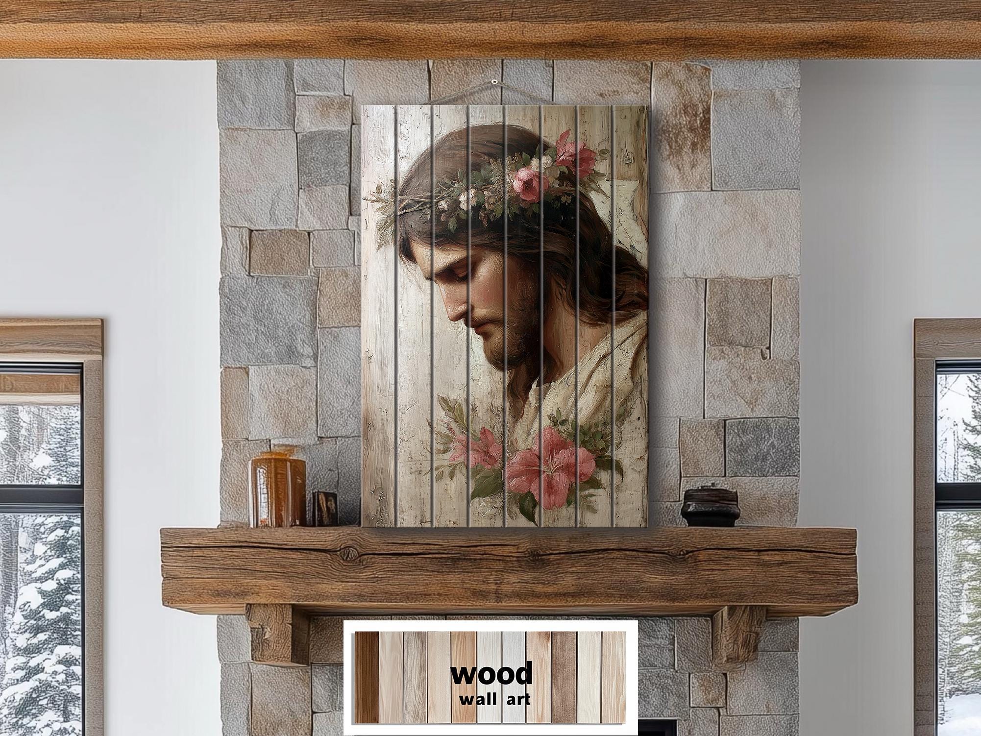 Jesus With Flowers Distressed Wood Wall Art | Rustic Christian Decor