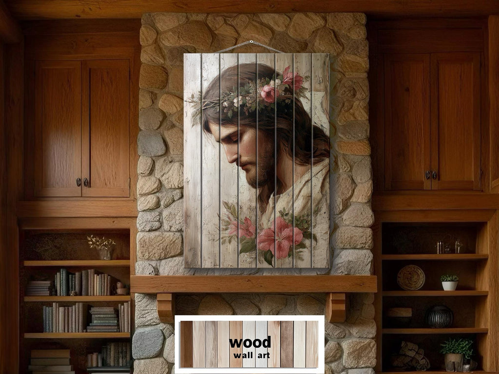 Jesus With Flowers Distressed Wood Wall Art | Rustic Christian Decor