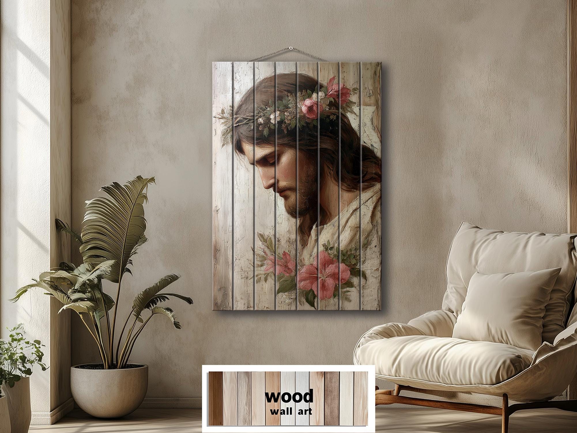 Jesus With Flowers Distressed Wood Wall Art | Rustic Christian Decor